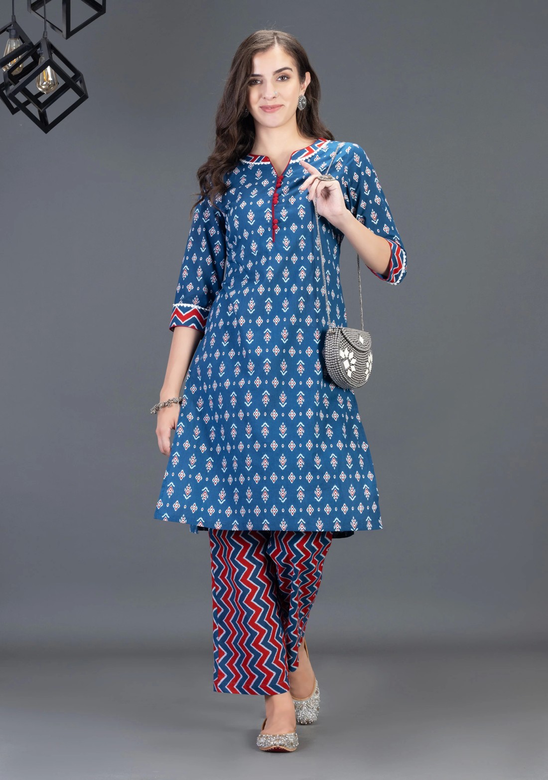 Blue Pure Cotton Motif Printed Straight Kurta Pant Set