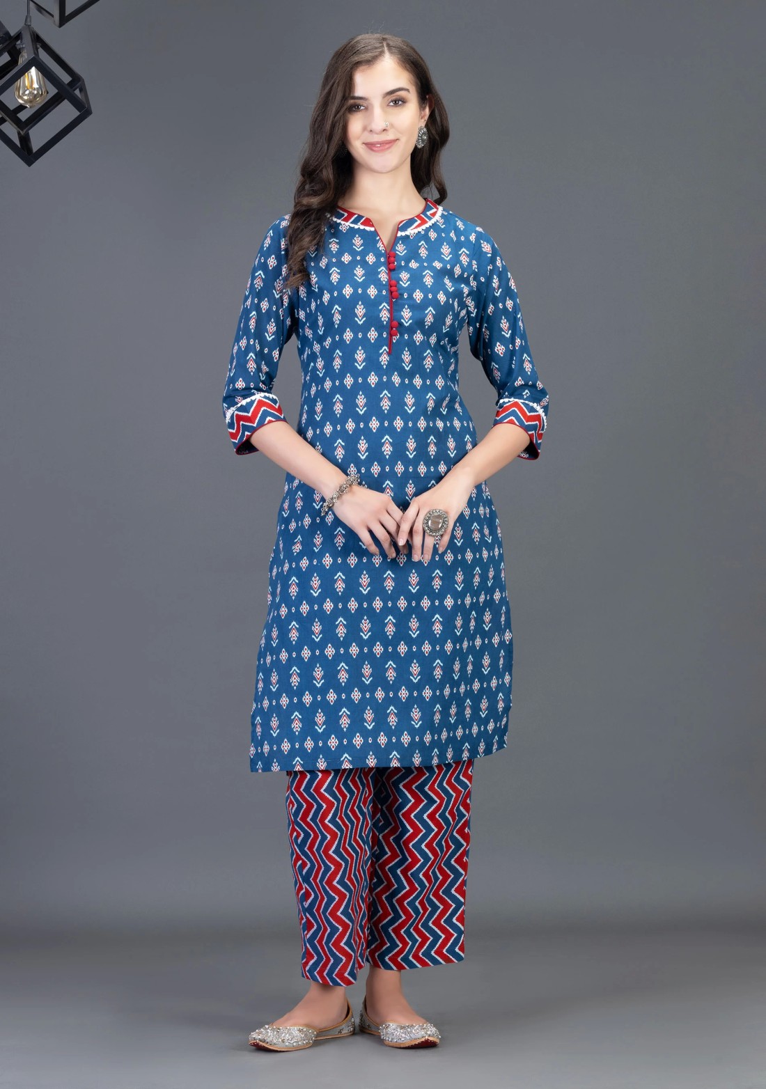 Blue Pure Cotton Motif Printed Straight Kurta Pant Set