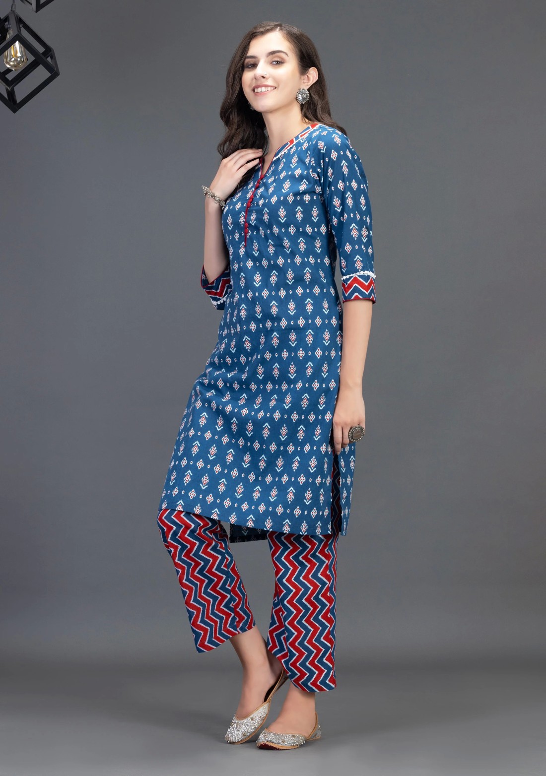 Blue Pure Cotton Motif Printed Straight Kurta Pant Set