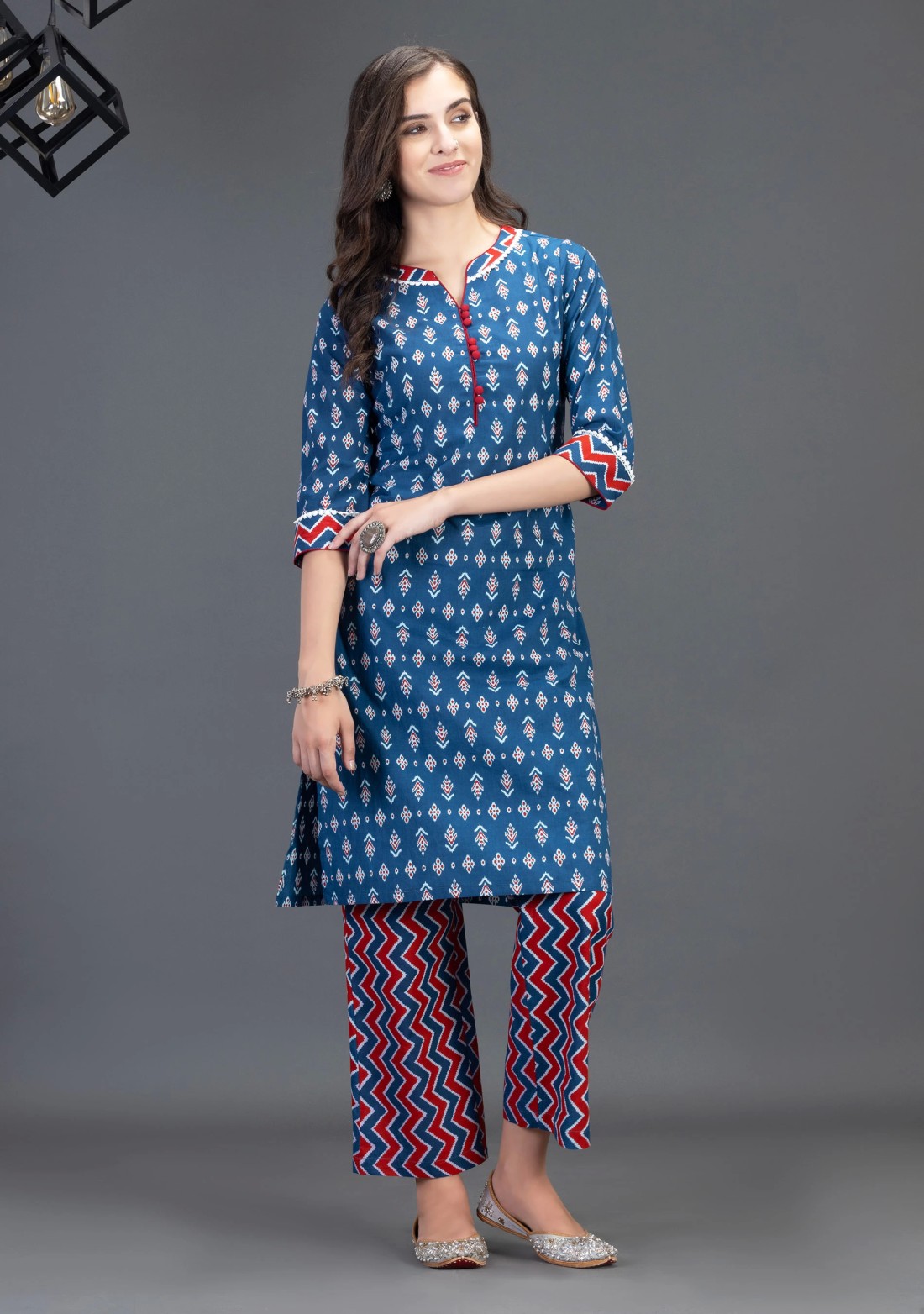 Blue Pure Cotton Motif Printed Straight Kurta Pant Set