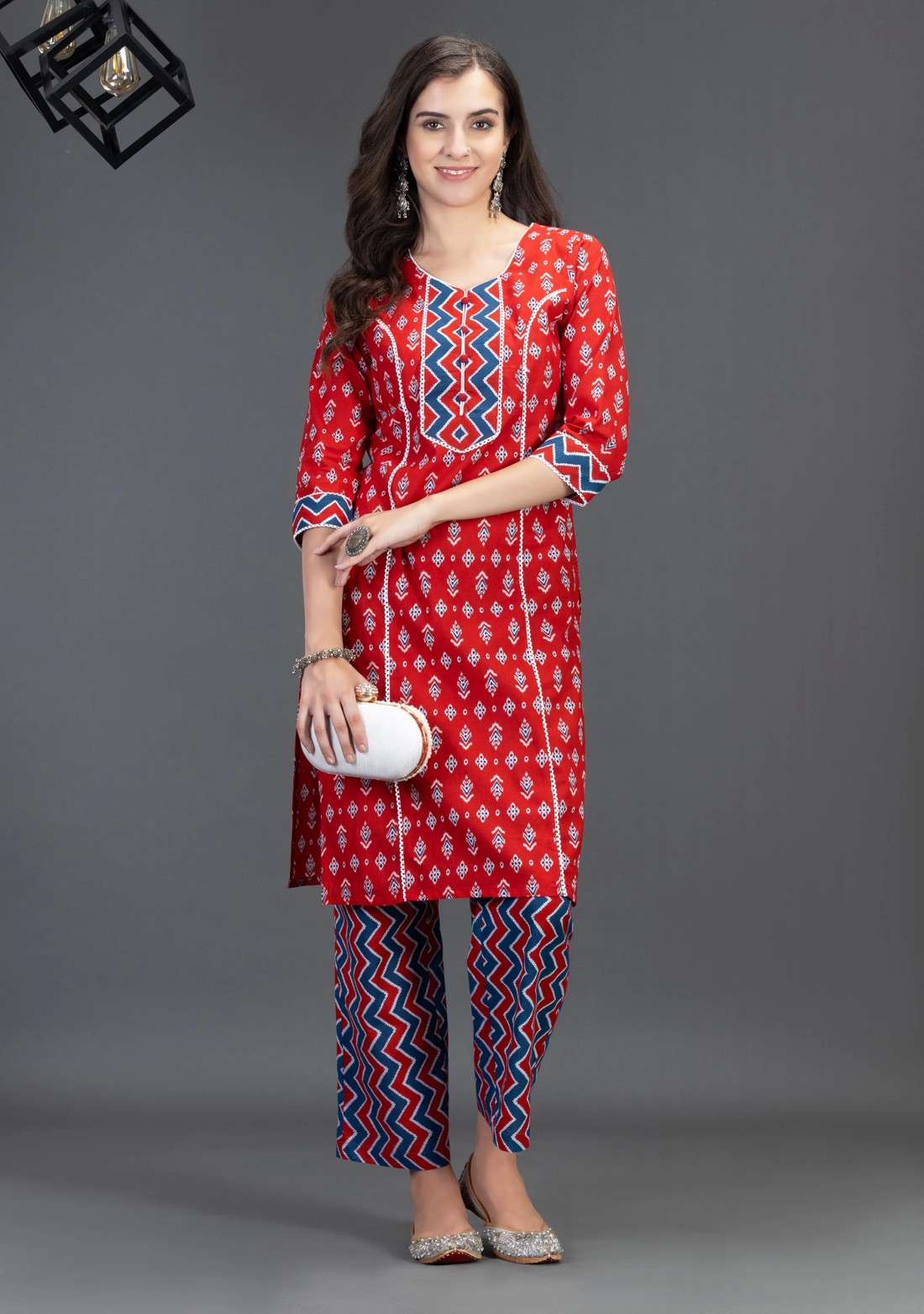 Red Pure Cotton Motif Printed Straight Kurta Pant Set