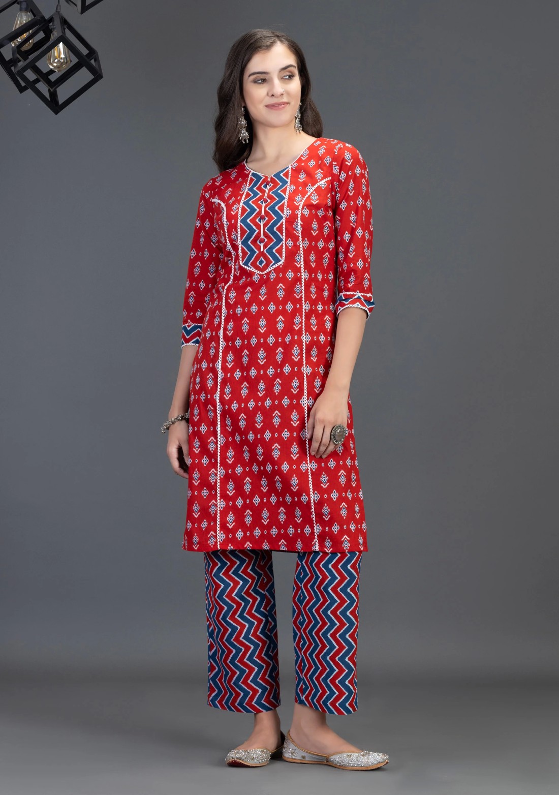 Red Pure Cotton Motif Printed Straight Kurta Pant Set