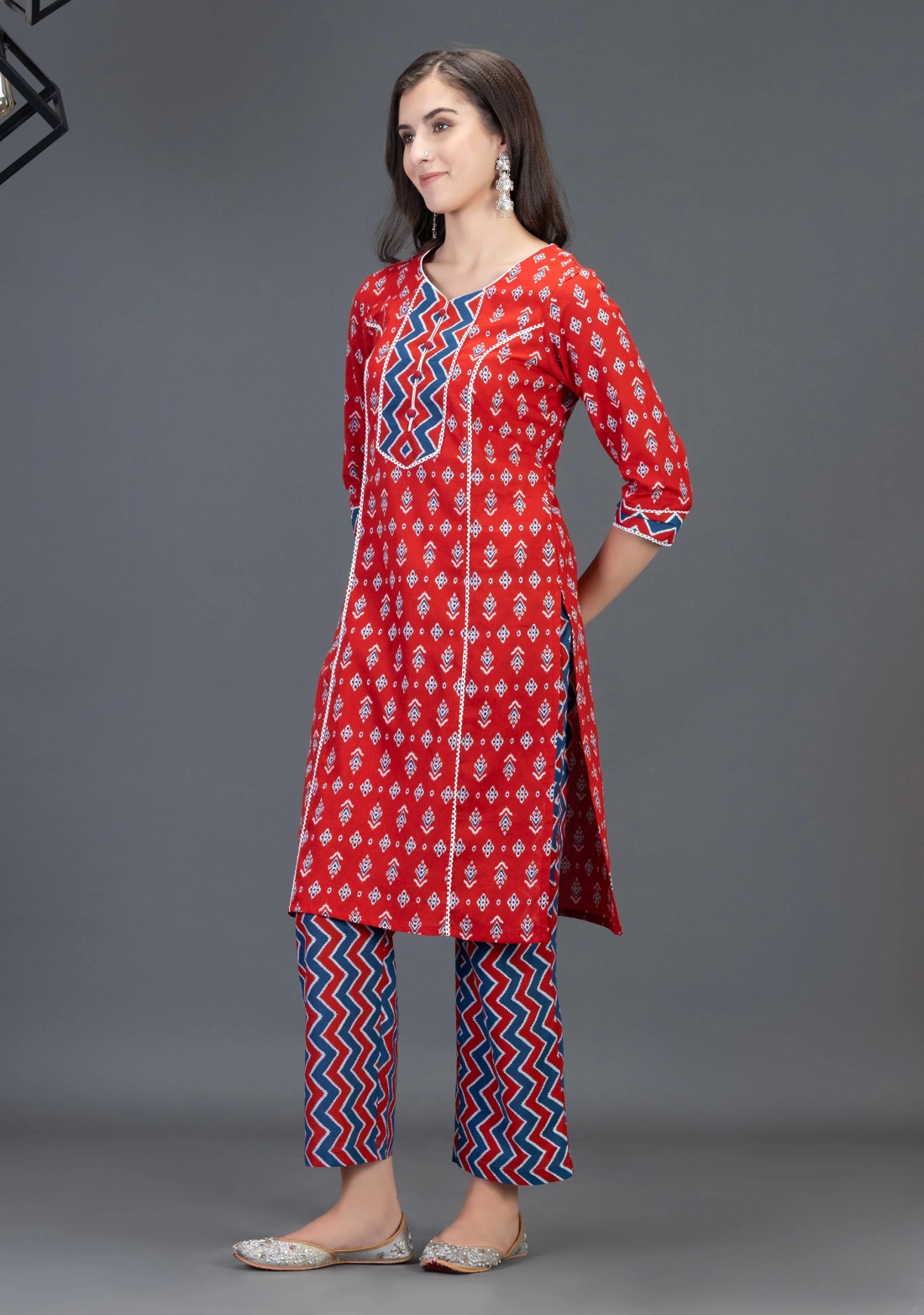 Red Pure Cotton Motif Printed Straight Kurta Pant Set