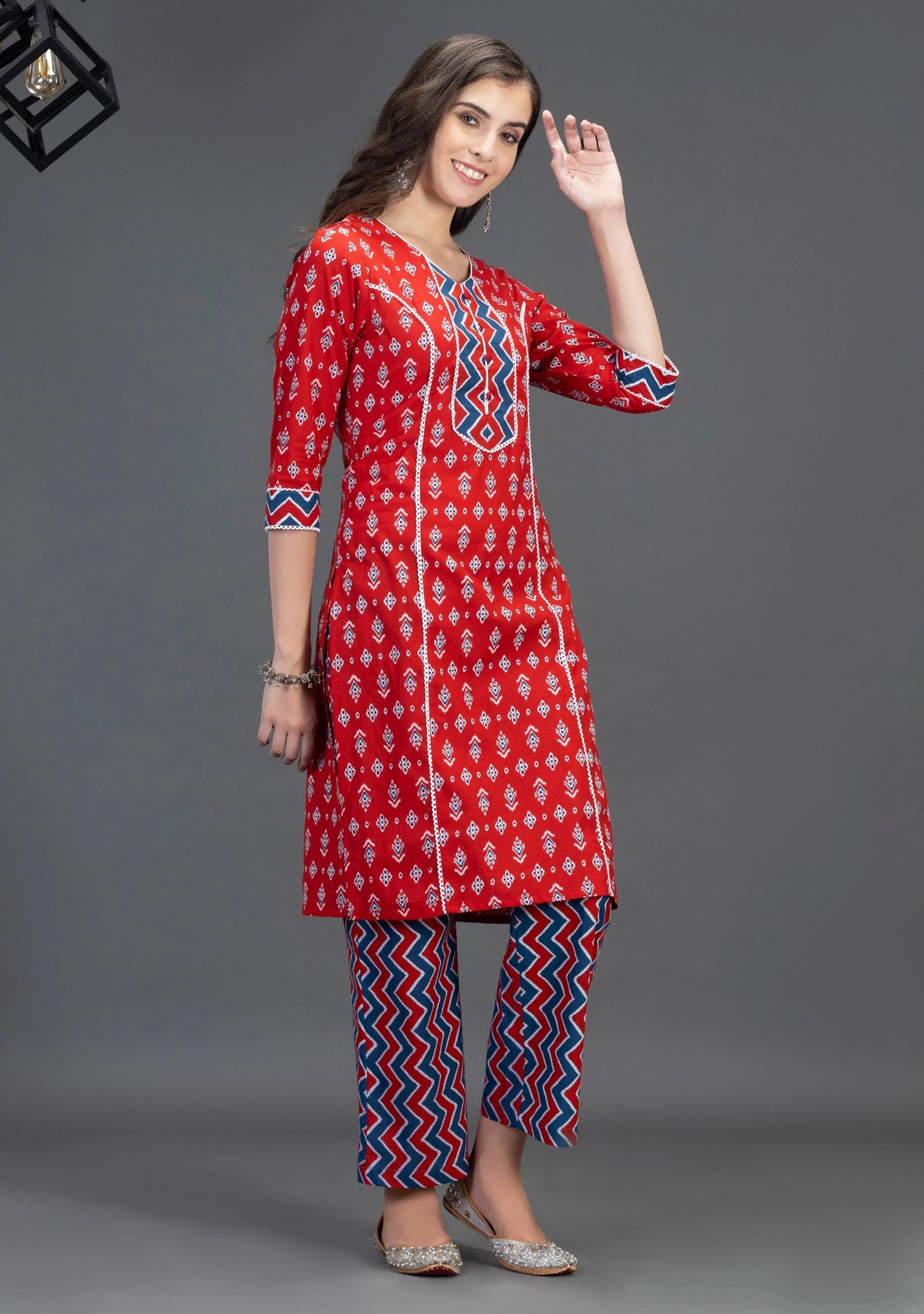 Red Pure Cotton Motif Printed Straight Kurta Pant Set