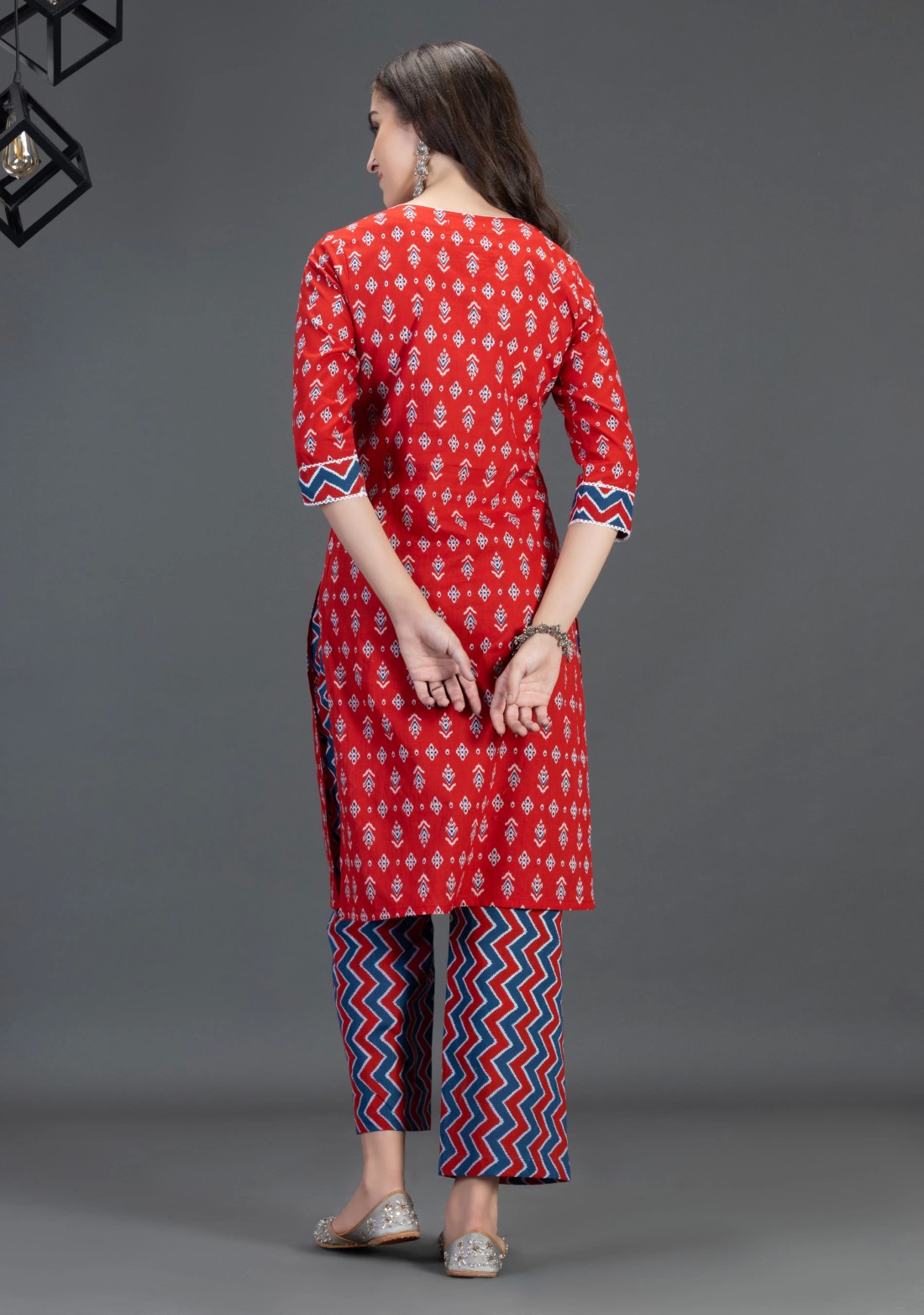 Red Pure Cotton Motif Printed Straight Kurta Pant Set