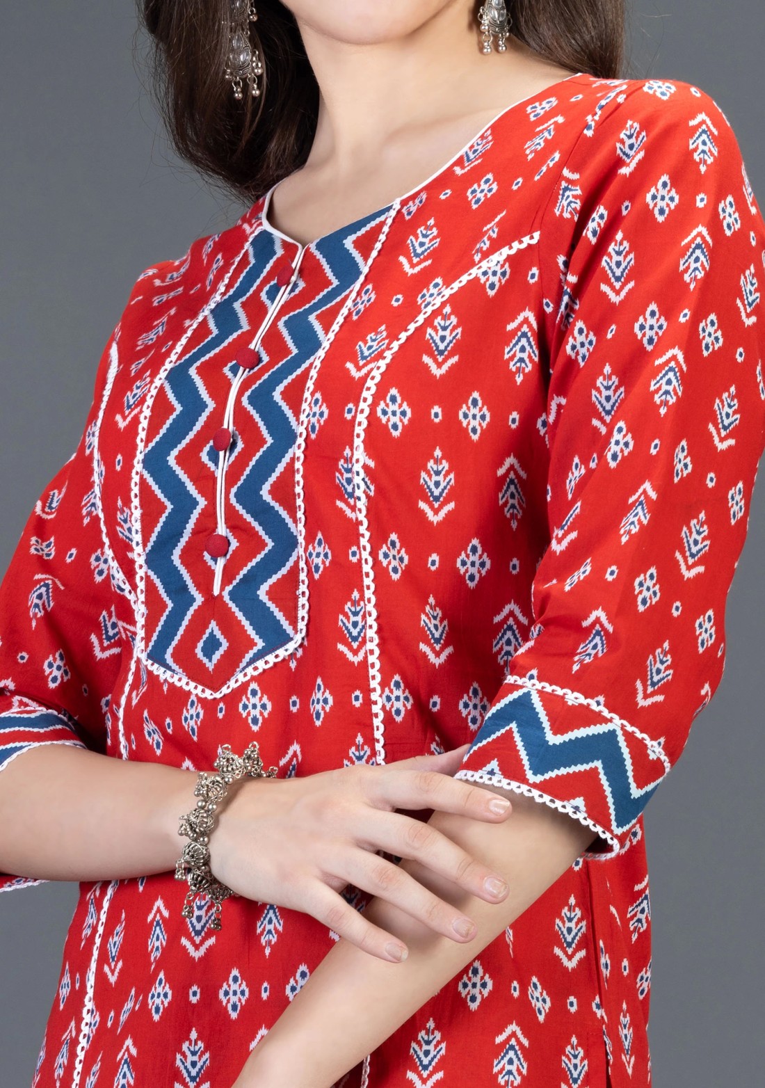 Red Pure Cotton Motif Printed Straight Kurta Pant Set