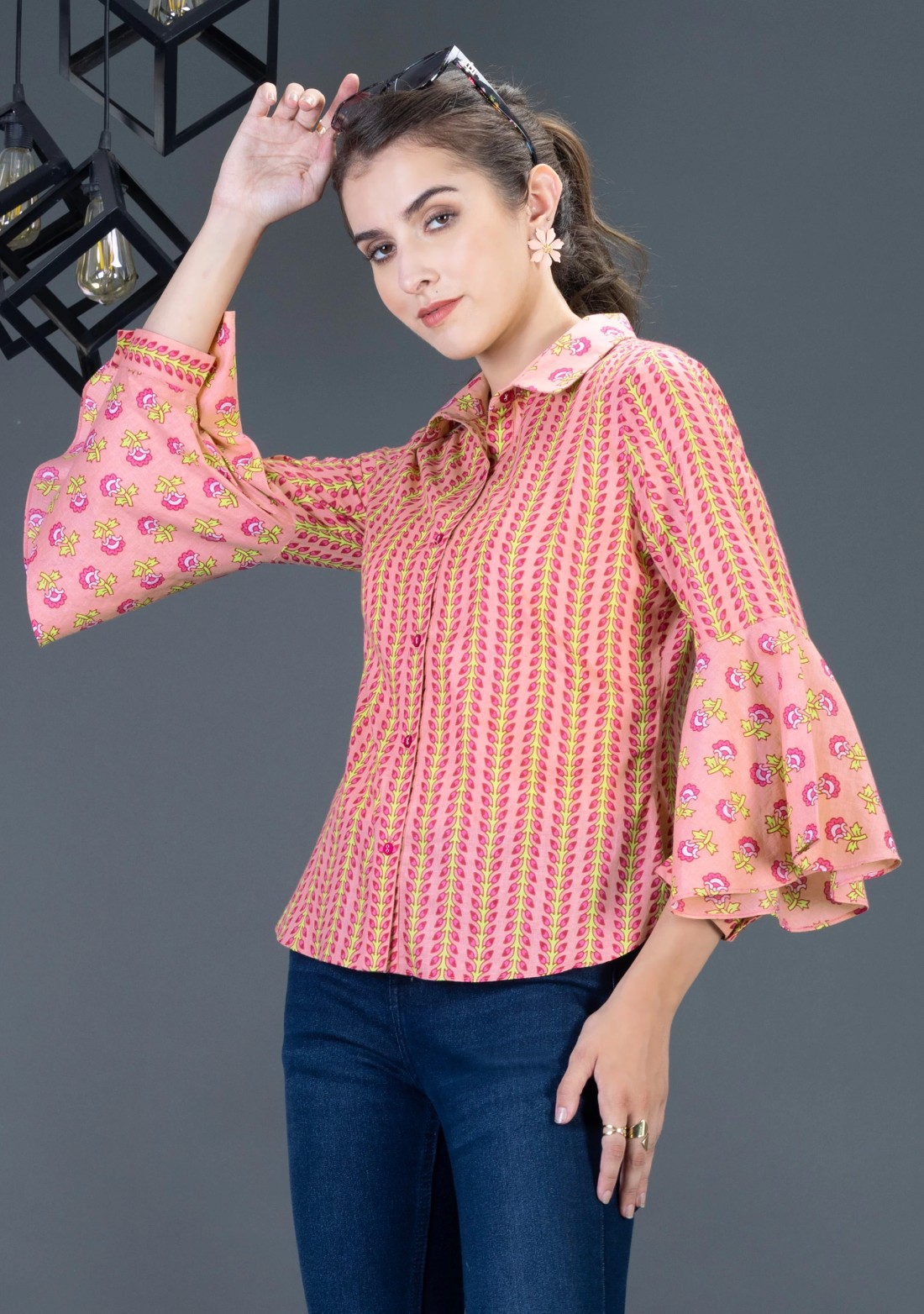 Peach Floral Printed Cotton Shirt Top with Bell Flared sleeves