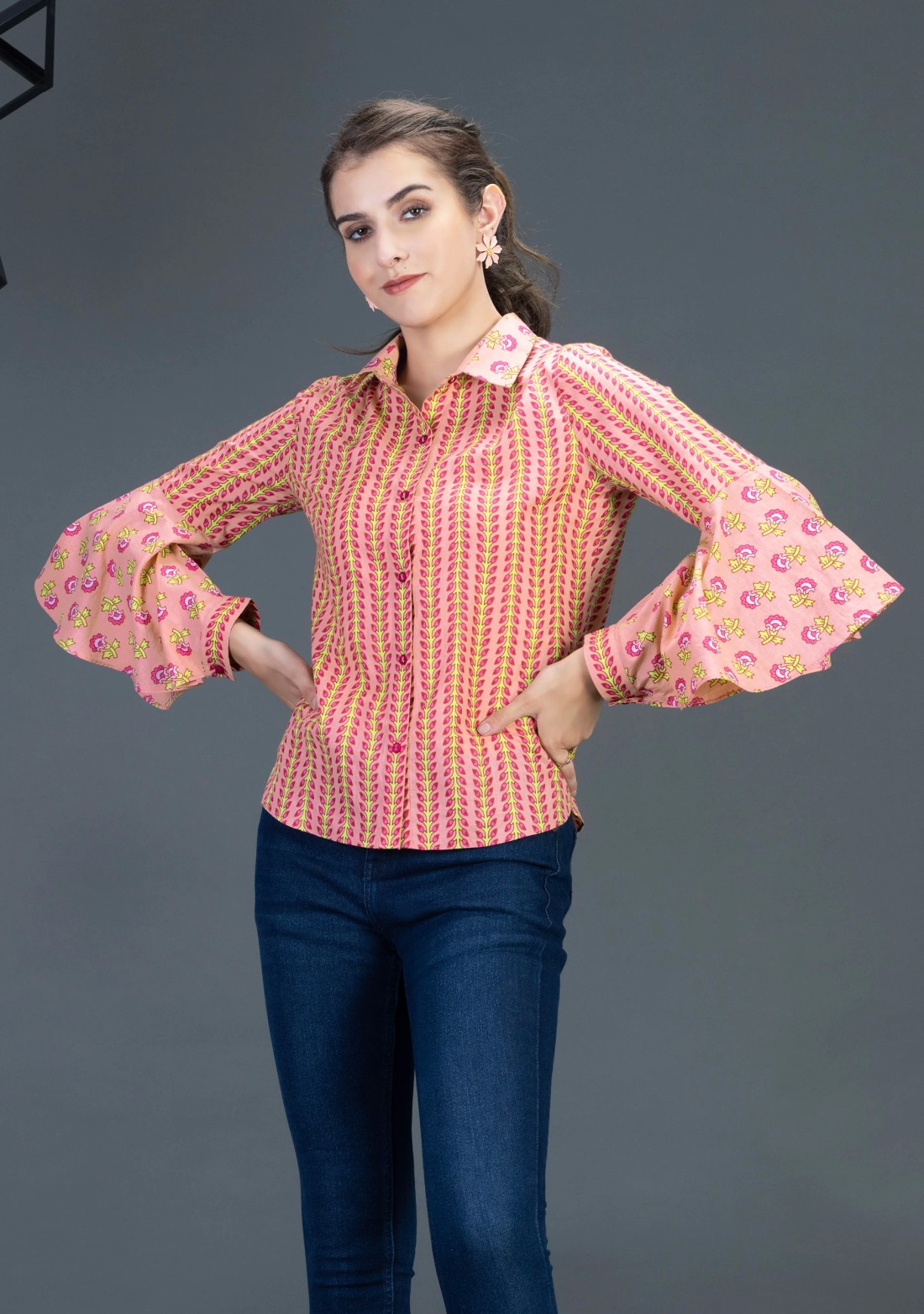 Peach Floral Printed Cotton Shirt Top with Bell Flared sleeves