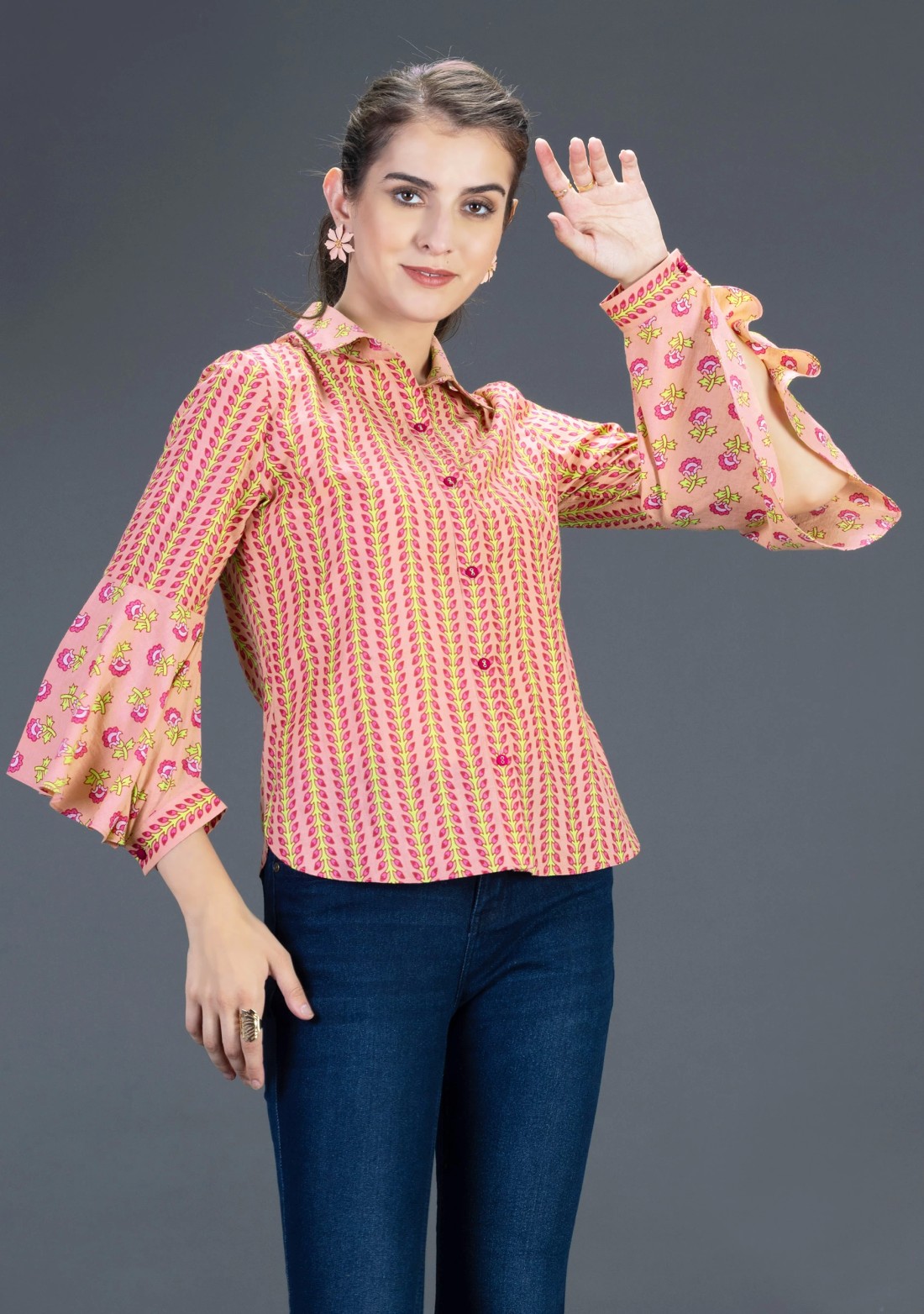 Peach Floral Printed Cotton Shirt Top with Bell Flared sleeves