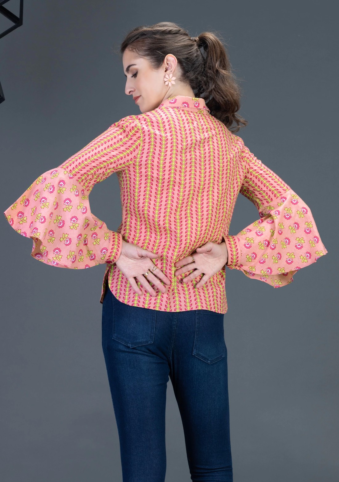 Peach Floral Printed Cotton Shirt Top with Bell Flared sleeves