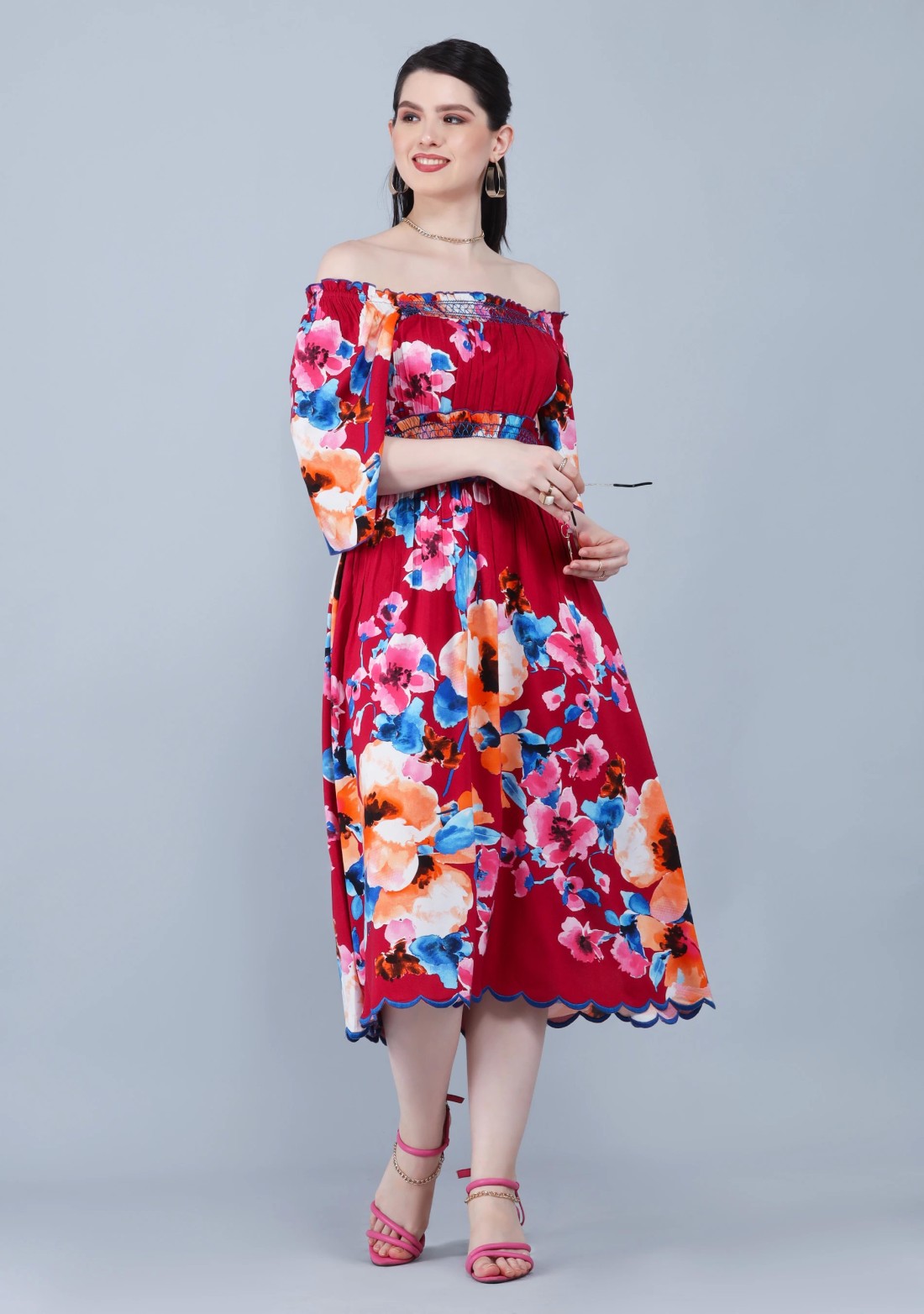 Wine Multi Floral Printed Bell Sleeves Flared Dress