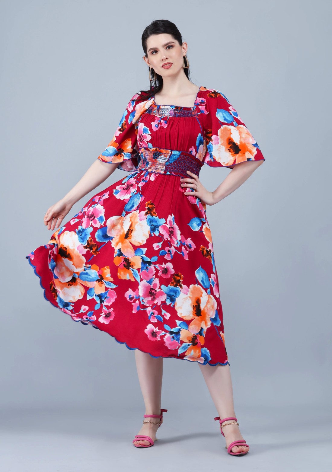 Wine Multi Floral Printed Bell Sleeves Flared Dress