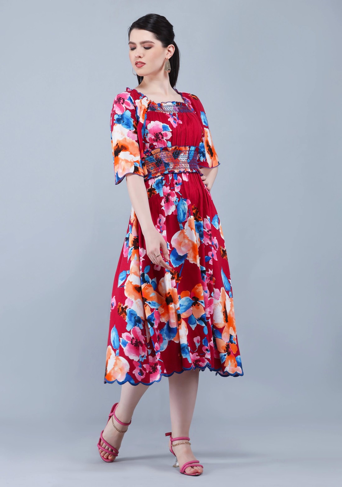 Wine Multi Floral Printed Bell Sleeves Flared Dress