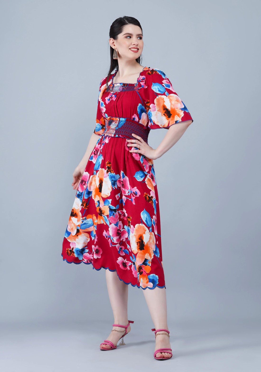 Wine Multi Floral Printed Bell Sleeves Flared Dress