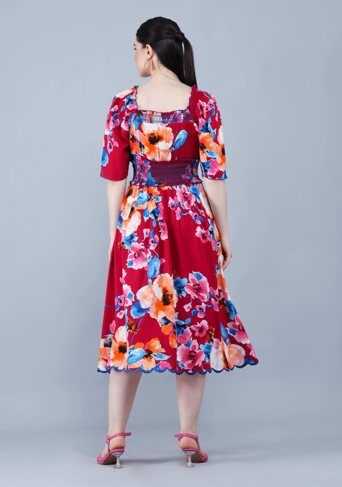 Wine Multi Floral Printed Bell Sleeves Flared Dress