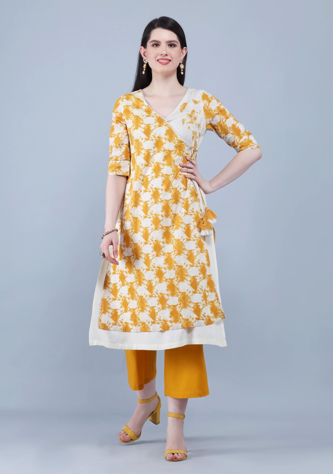 Mustard & Off White Pure Cotton Printed Straight Kurta