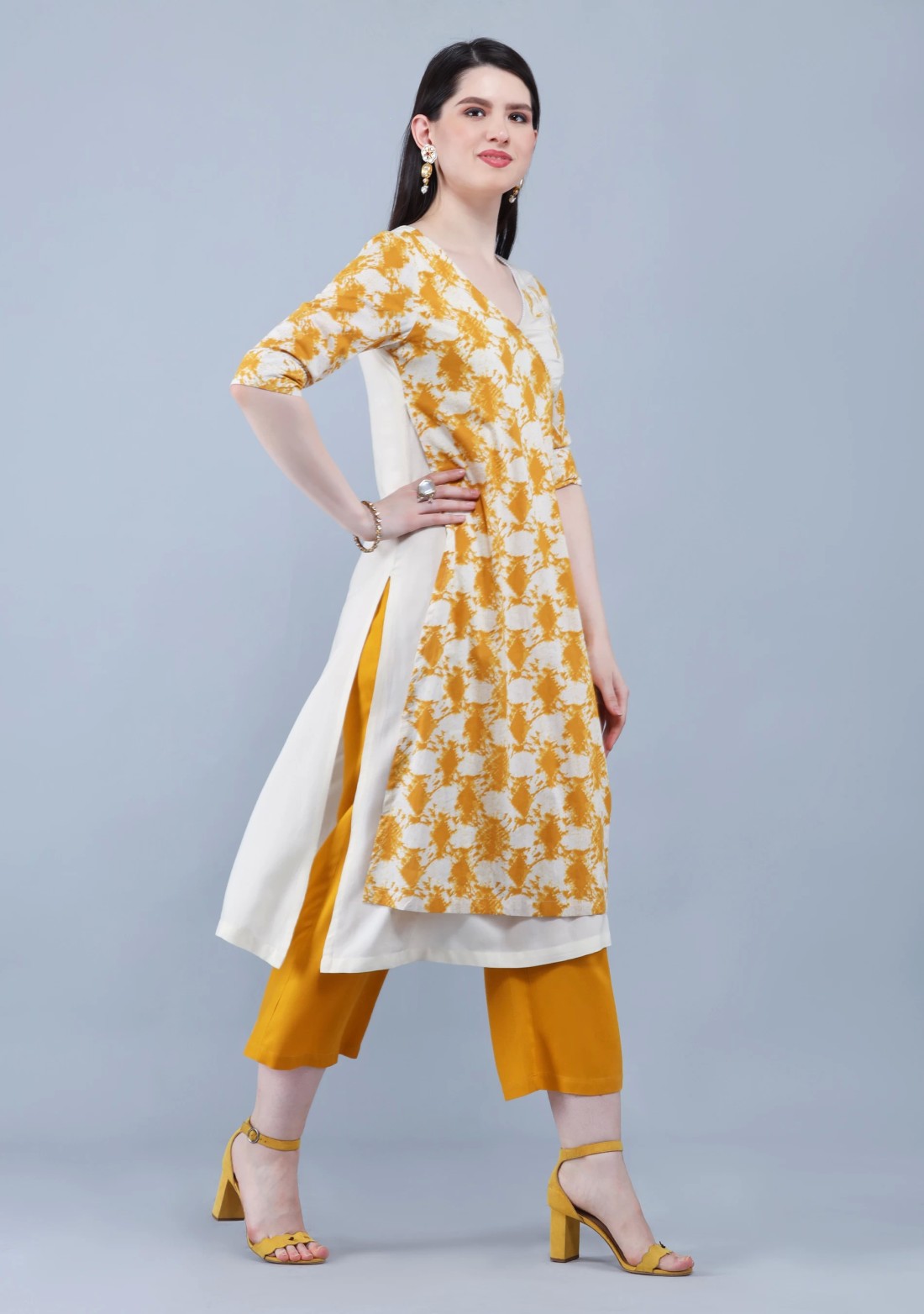 Mustard & Off White Pure Cotton Printed Straight Kurta