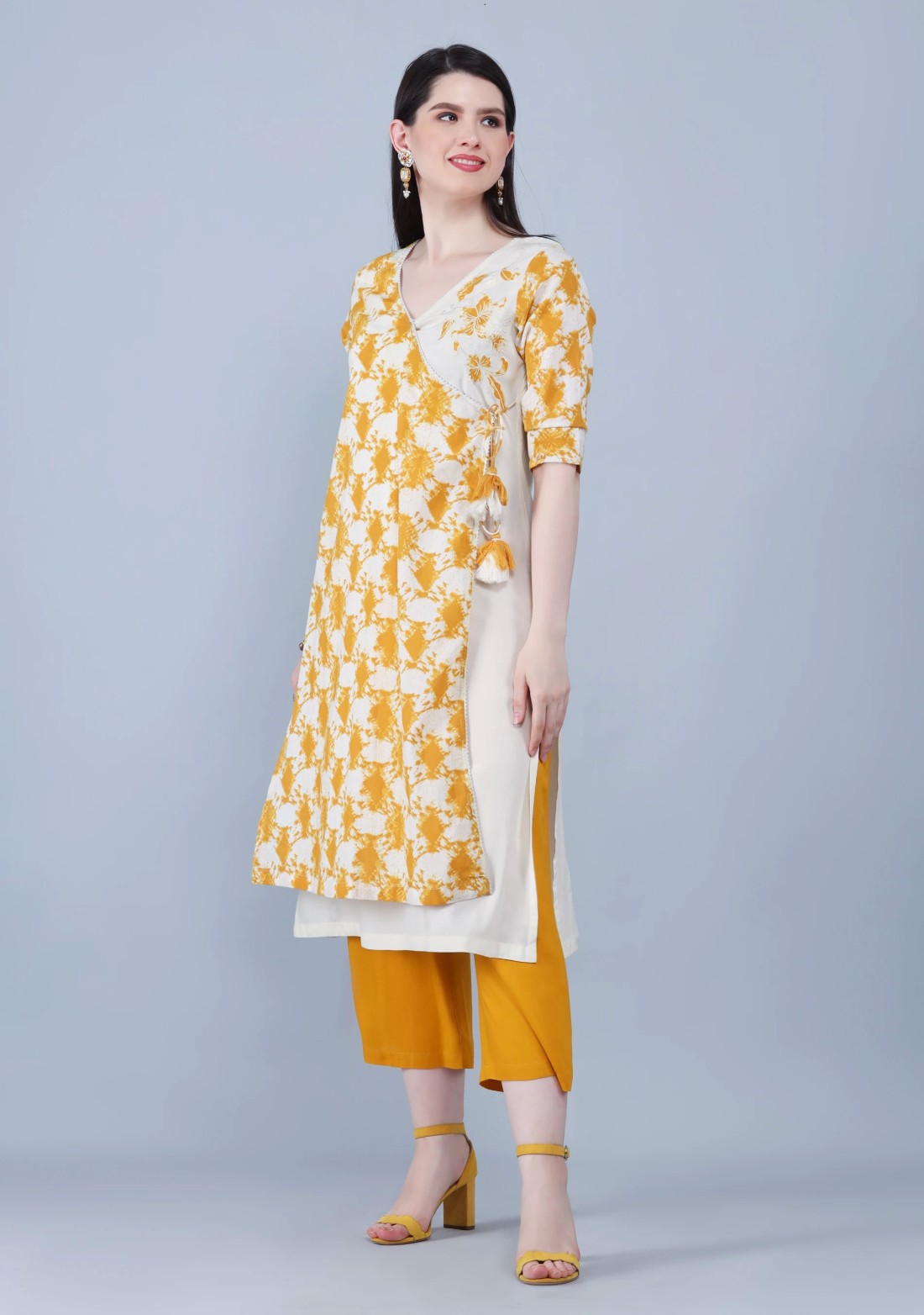 Mustard & Off White Pure Cotton Printed Straight Kurta