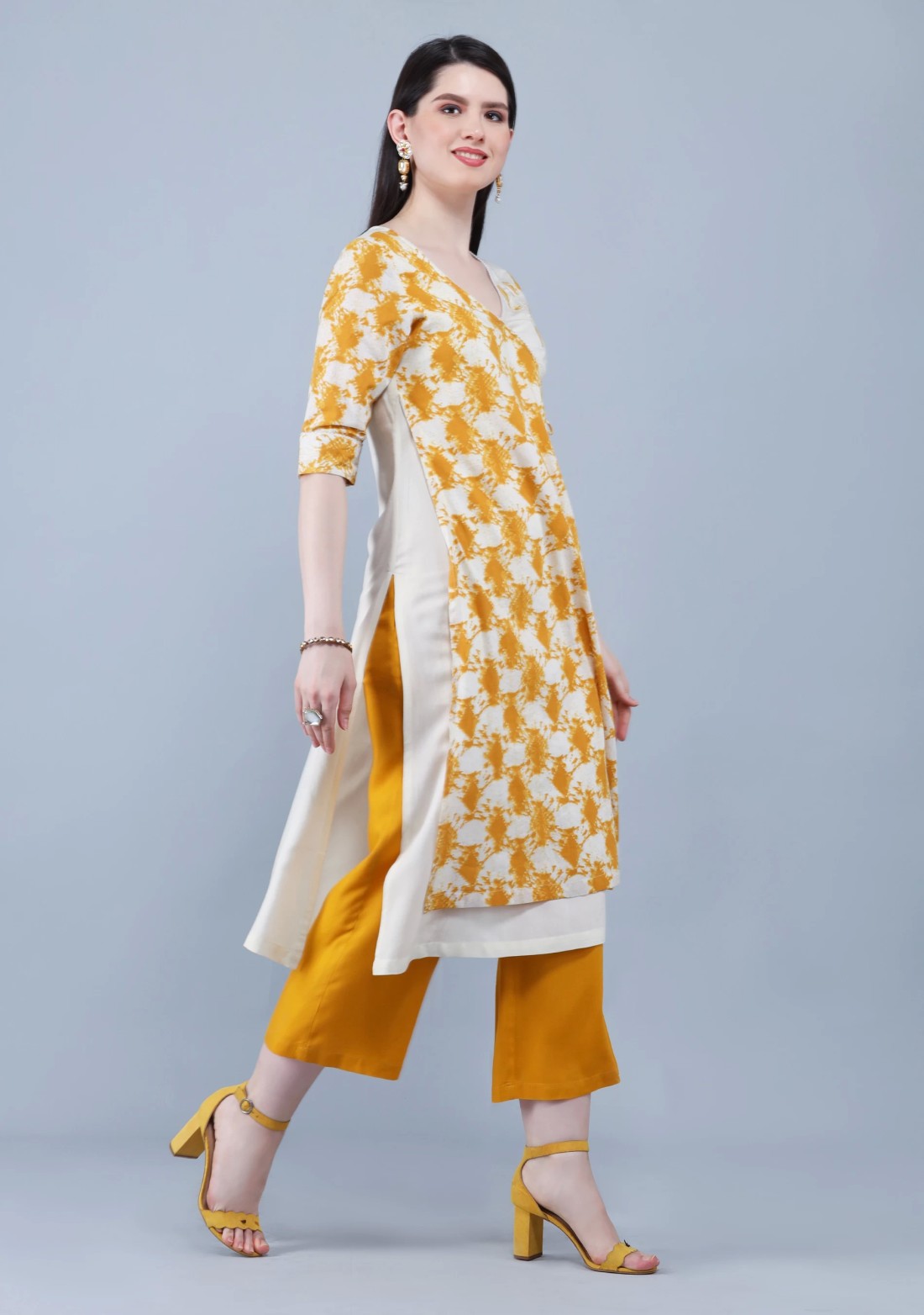 Mustard & Off White Pure Cotton Printed Straight Kurta