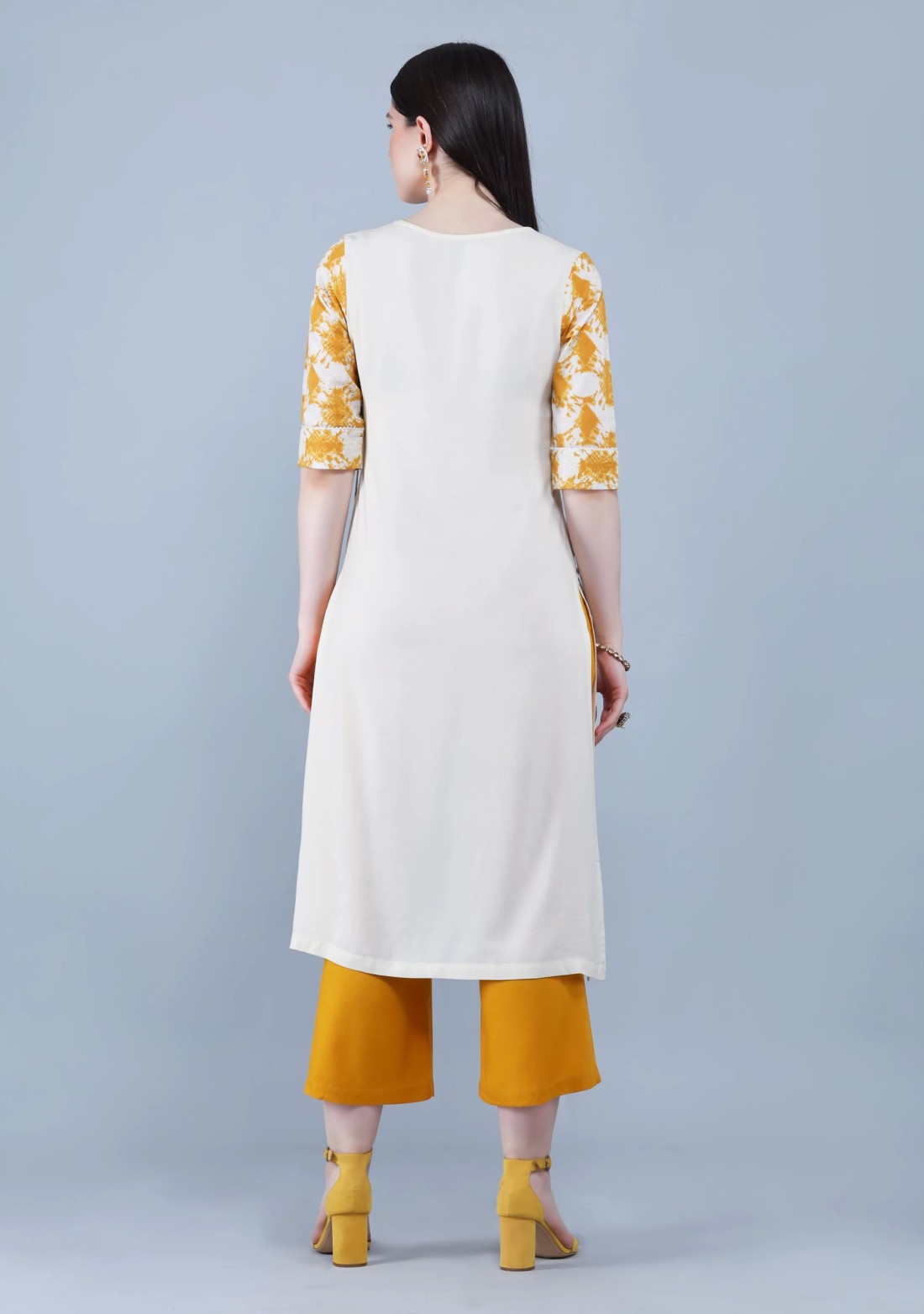 Mustard & Off White Pure Cotton Printed Straight Kurta