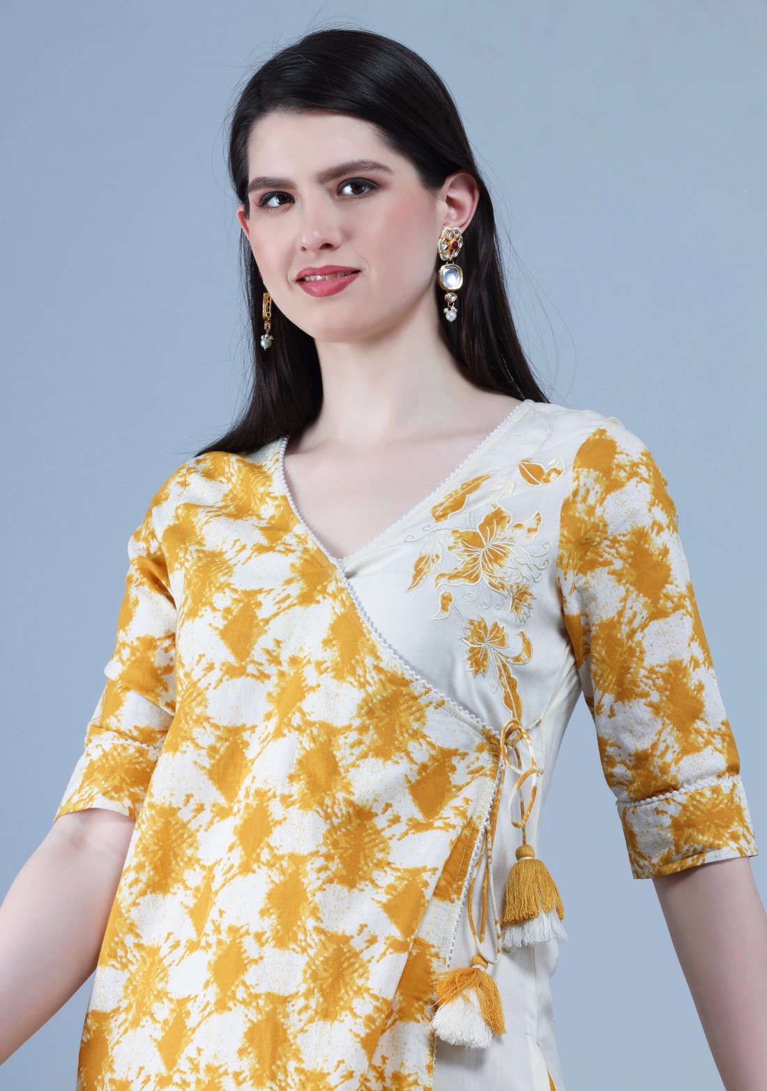 Mustard & Off White Pure Cotton Printed Straight Kurta