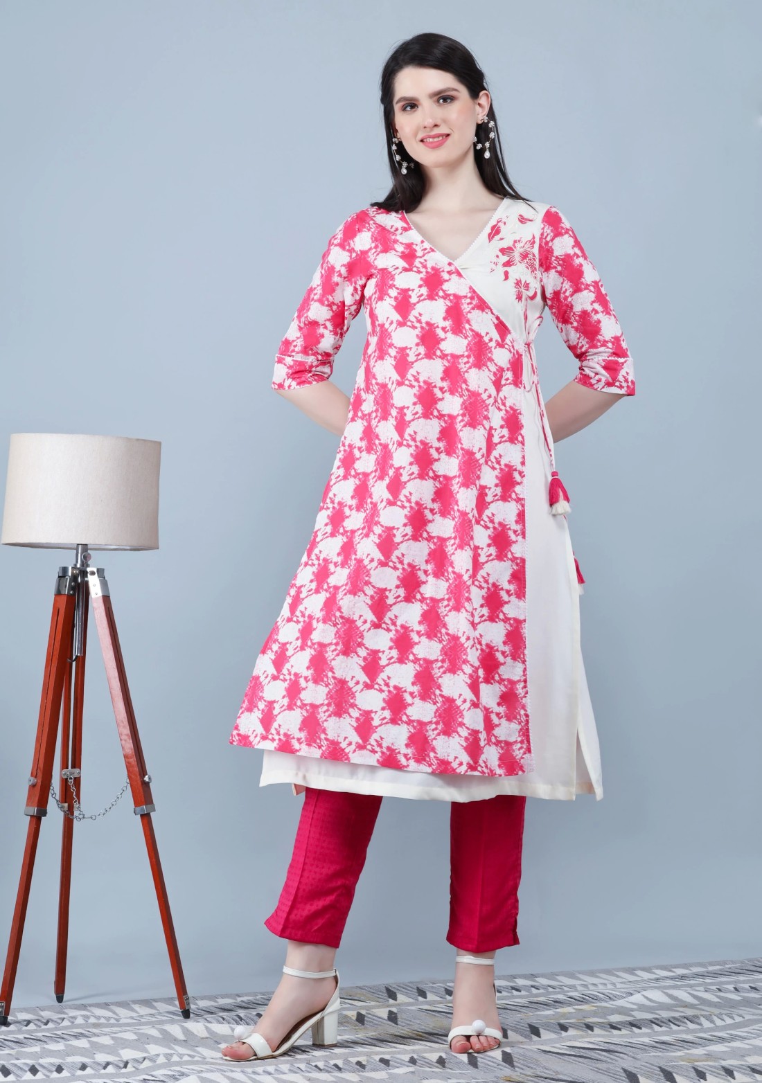 Rose Pink & Off White Pure Cotton Printed Straight Kurta