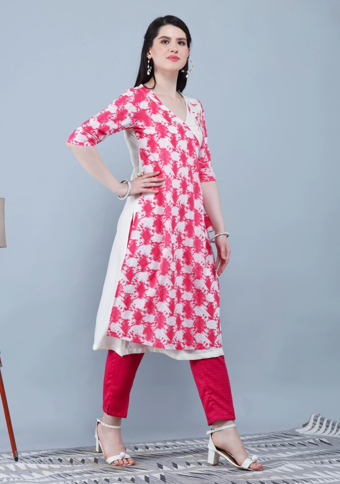 Rose Pink & Off White Pure Cotton Printed Straight Kurta