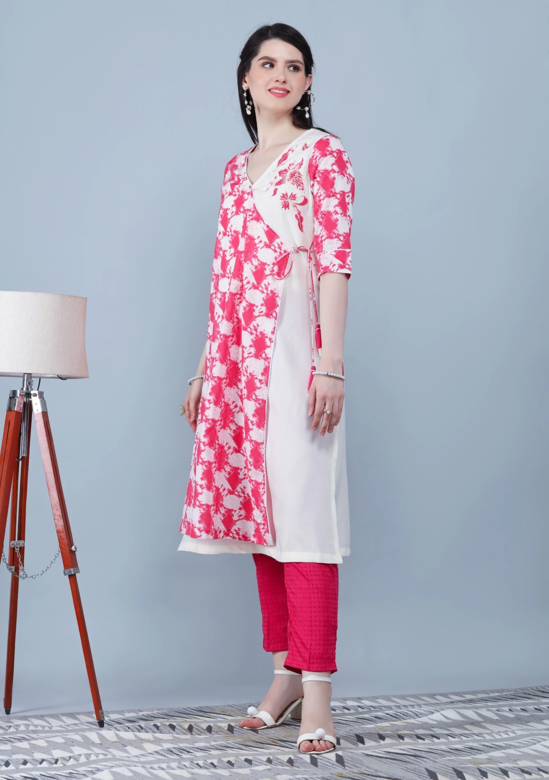 Rose Pink & Off White Pure Cotton Printed Straight Kurta