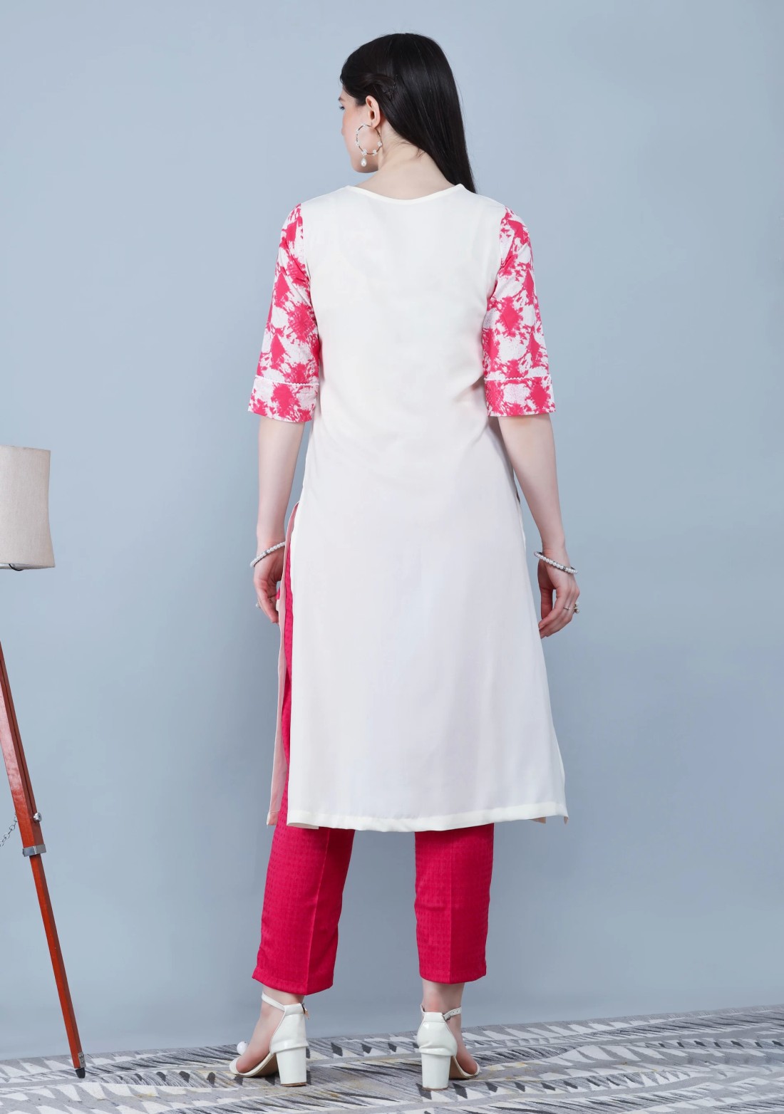 Rose Pink & Off White Pure Cotton Printed Straight Kurta