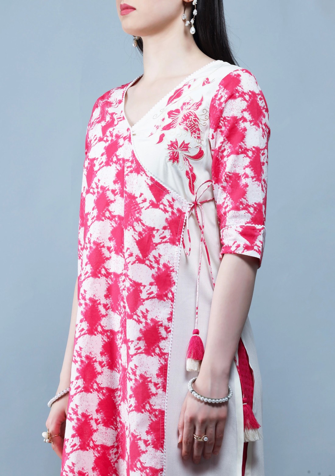 Rose Pink & Off White Pure Cotton Printed Straight Kurta