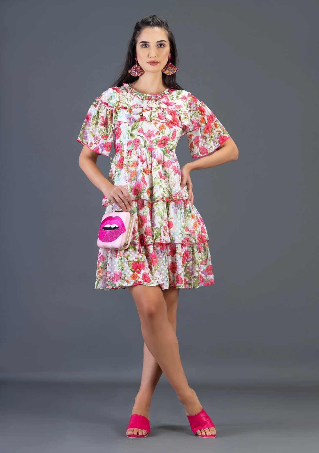 Floral Print Georgette Dobby Flared Knee Length Dress