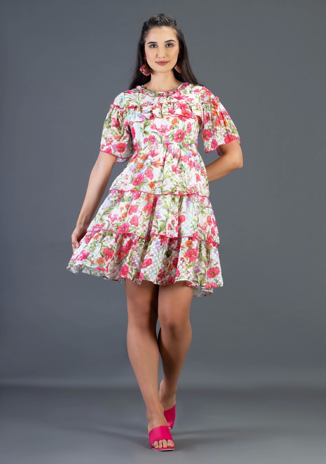 Floral Print Georgette Dobby Flared Knee Length Dress