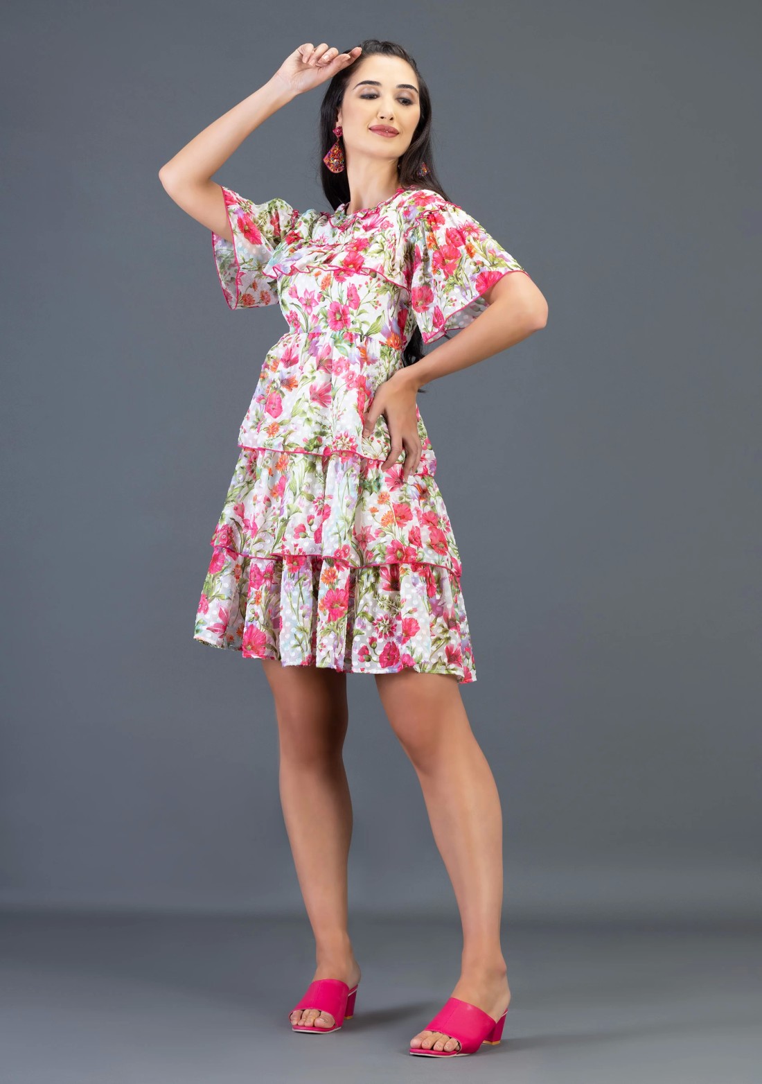 Floral Print Georgette Dobby Flared Knee Length Dress