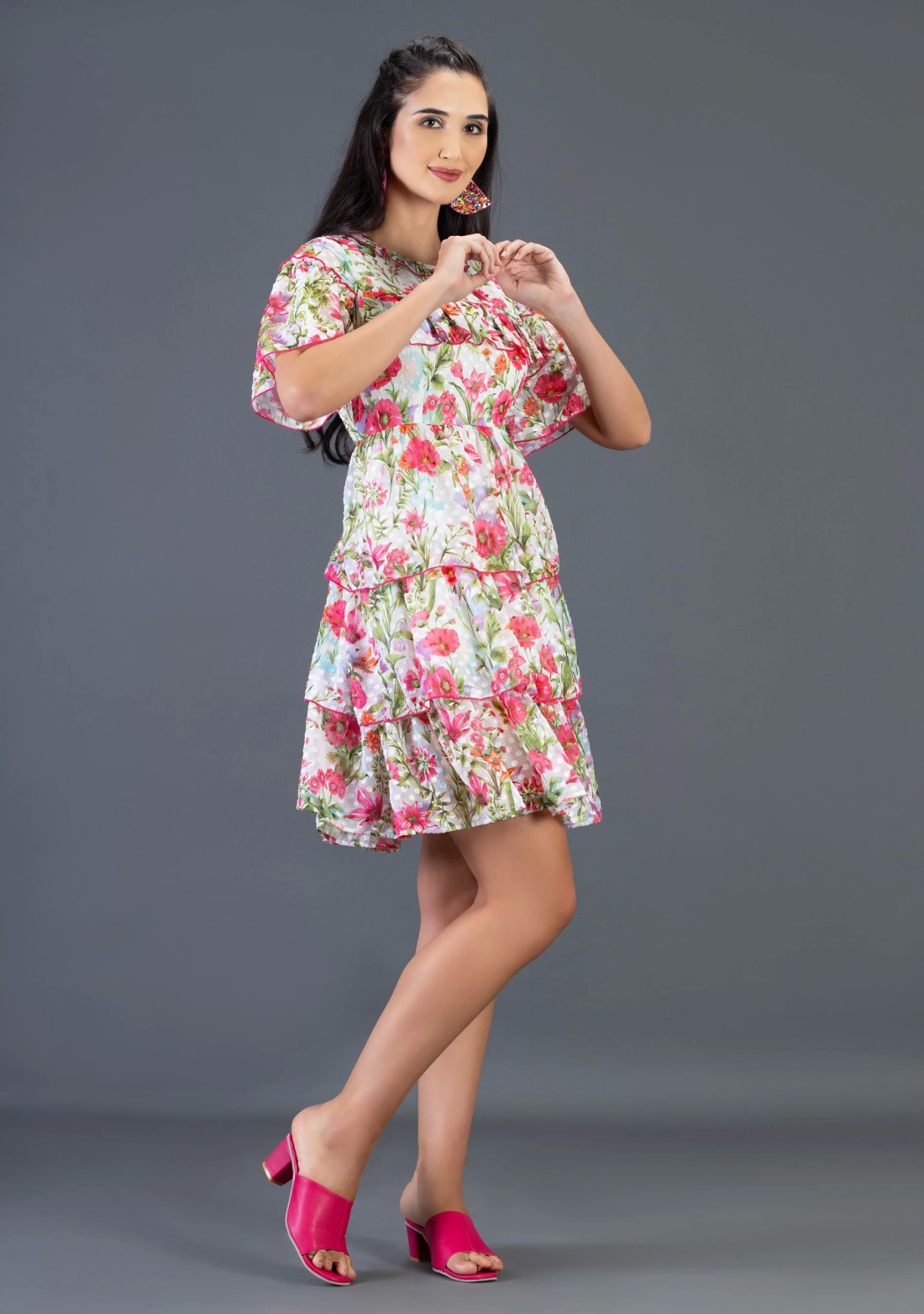 Floral Print Georgette Dobby Flared Knee Length Dress