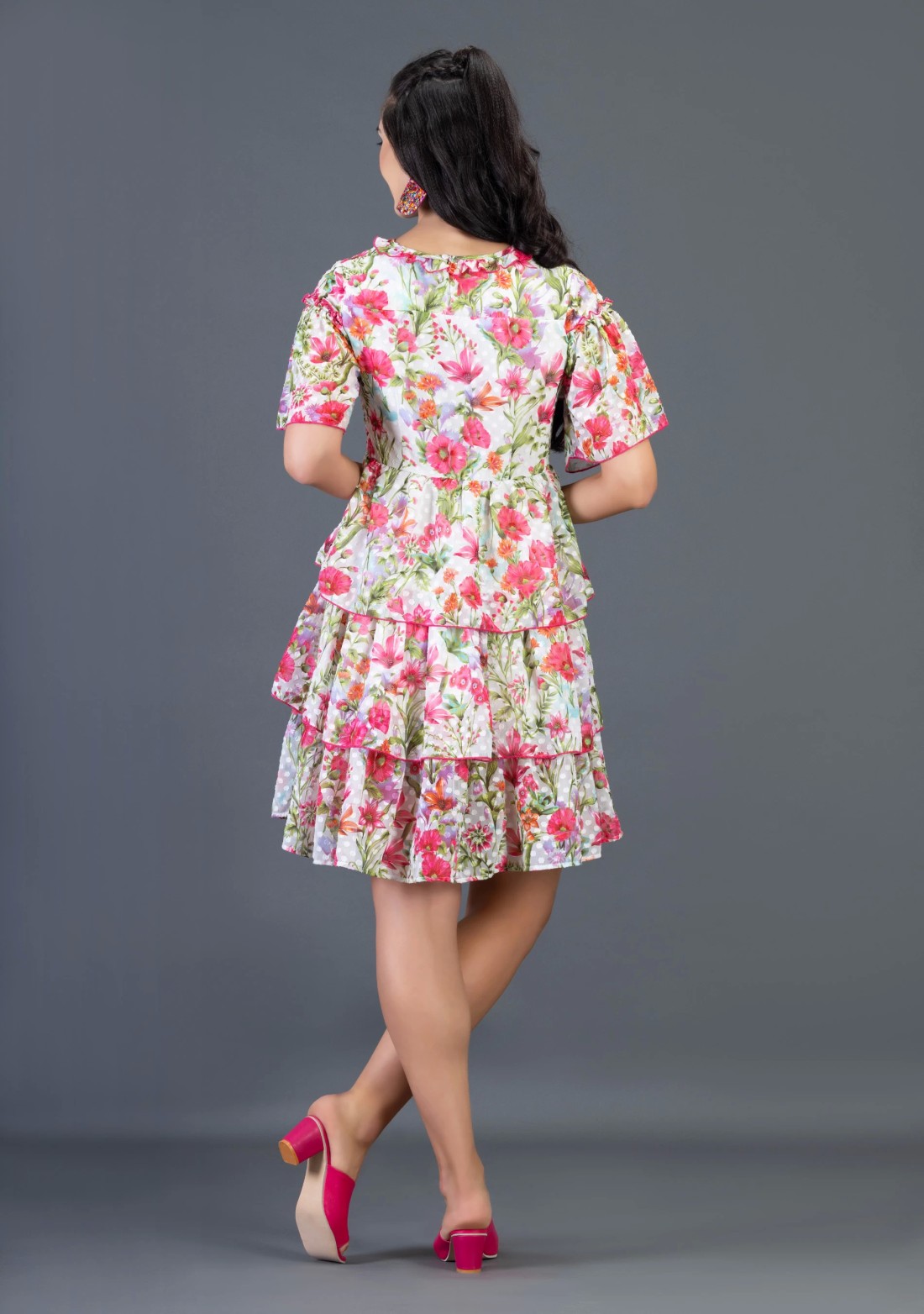 Floral Print Georgette Dobby Flared Knee Length Dress