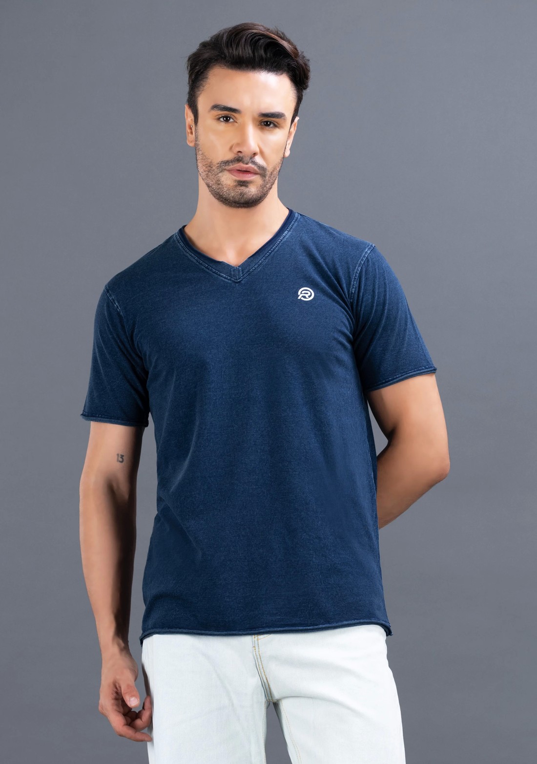 Greyish Blue V-Neck Regular Fit Rhysley Men's T-shirt