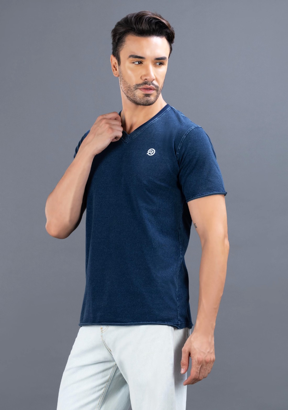 Greyish Blue V-Neck Regular Fit Rhysley Men's T-shirt