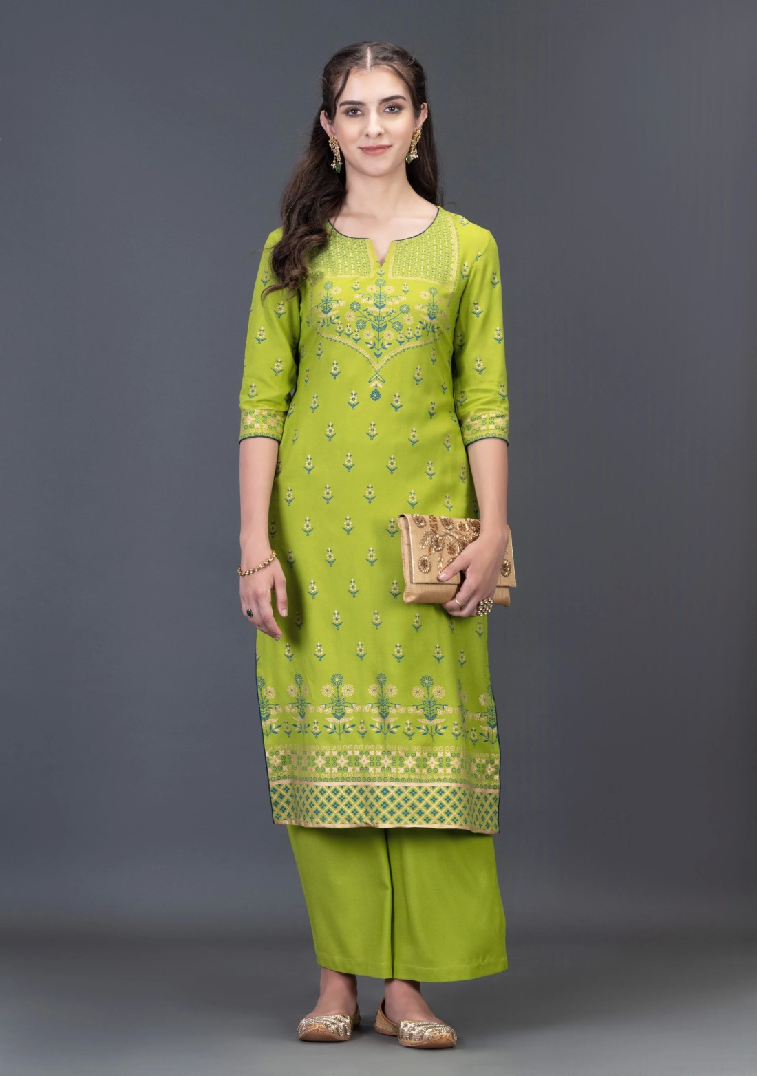 Green Gold & Khari Printed Viscose Rayon Straight Kurta