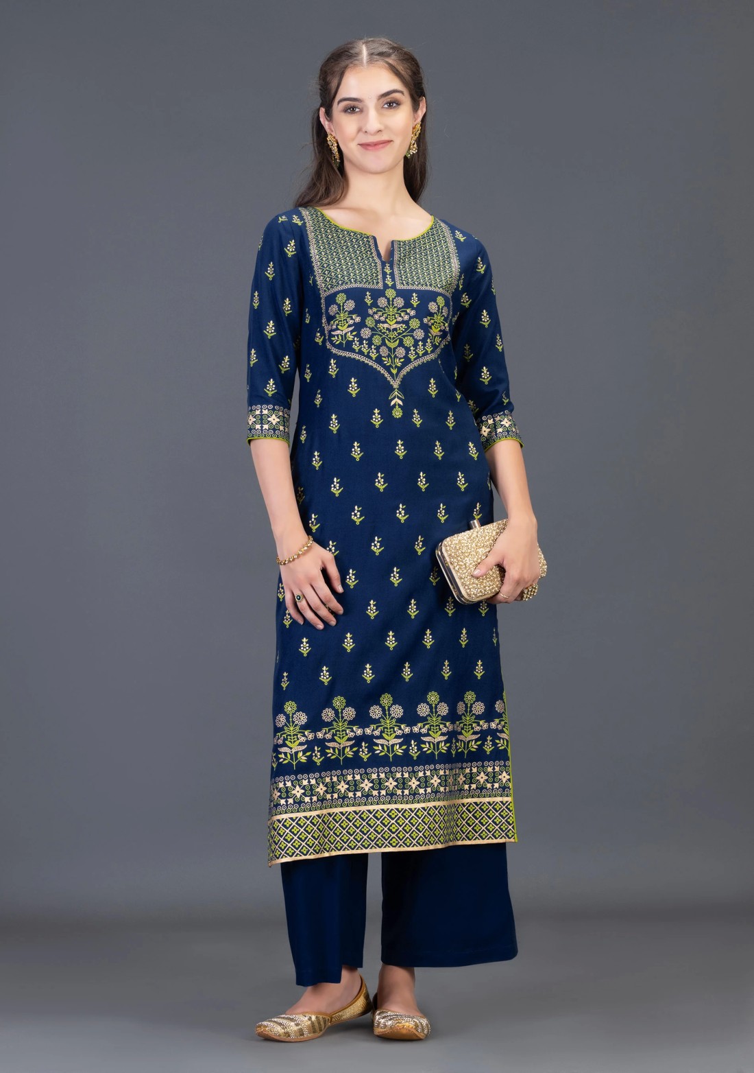 Navy Blue Gold & Khari Printed Viscose Rayon Straight Kurta