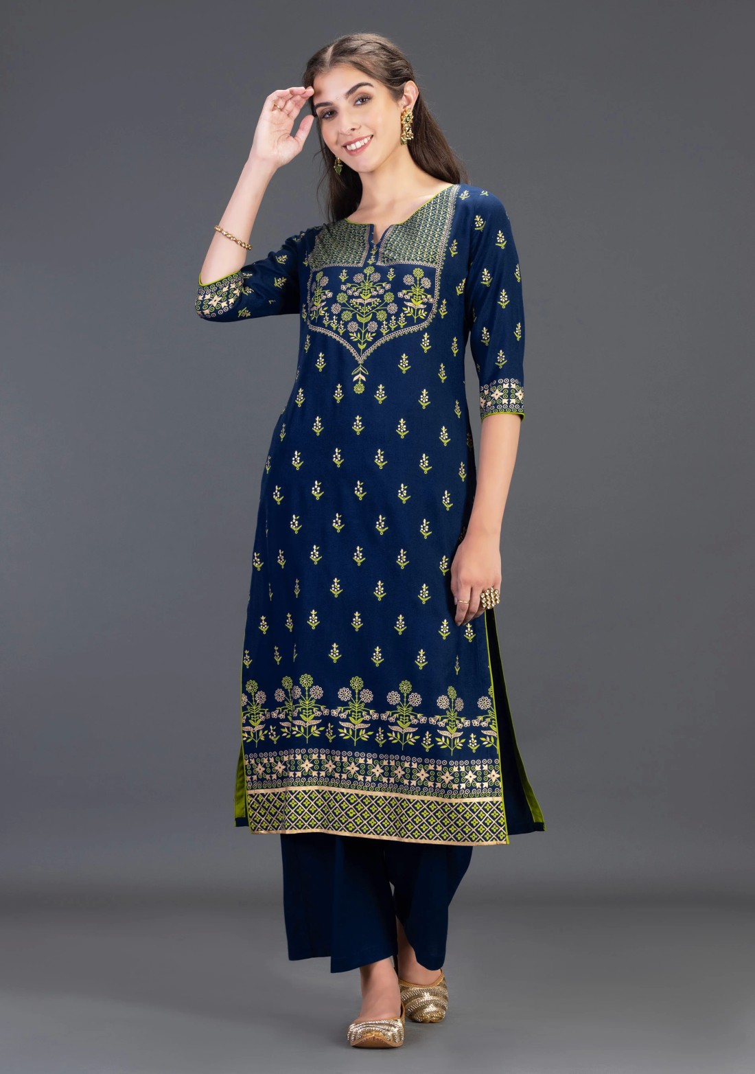 Navy Blue Gold & Khari Printed Viscose Rayon Straight Kurta