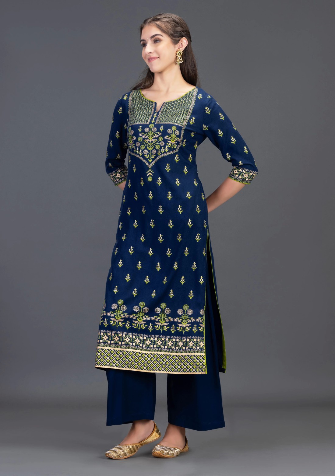 Navy Blue Gold & Khari Printed Viscose Rayon Straight Kurta