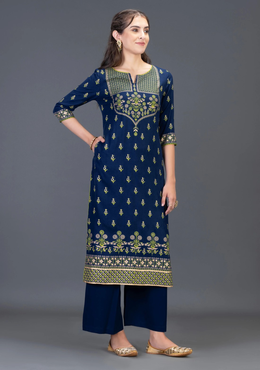 Navy Blue Gold & Khari Printed Viscose Rayon Straight Kurta