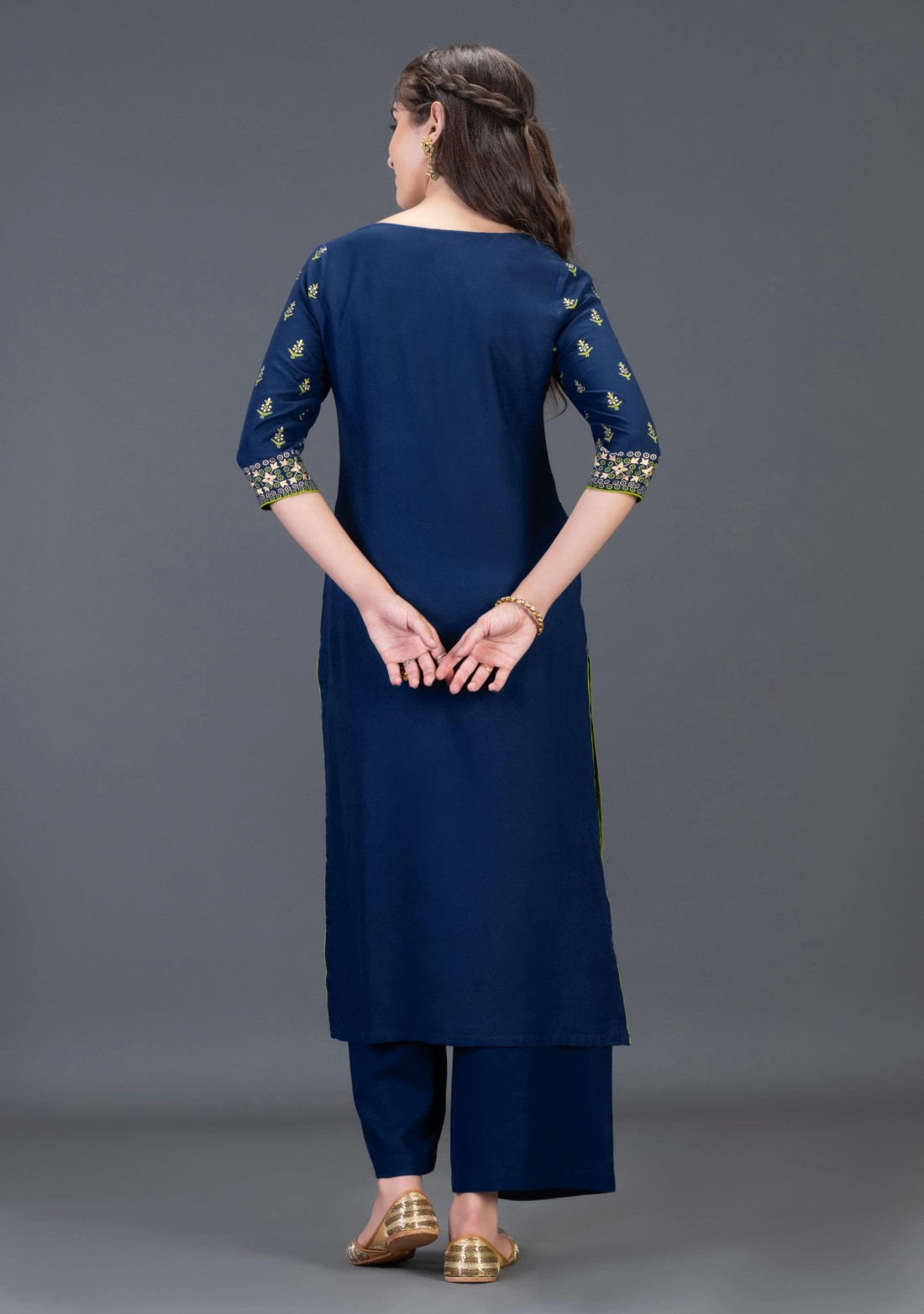 Navy Blue Gold & Khari Printed Viscose Rayon Straight Kurta