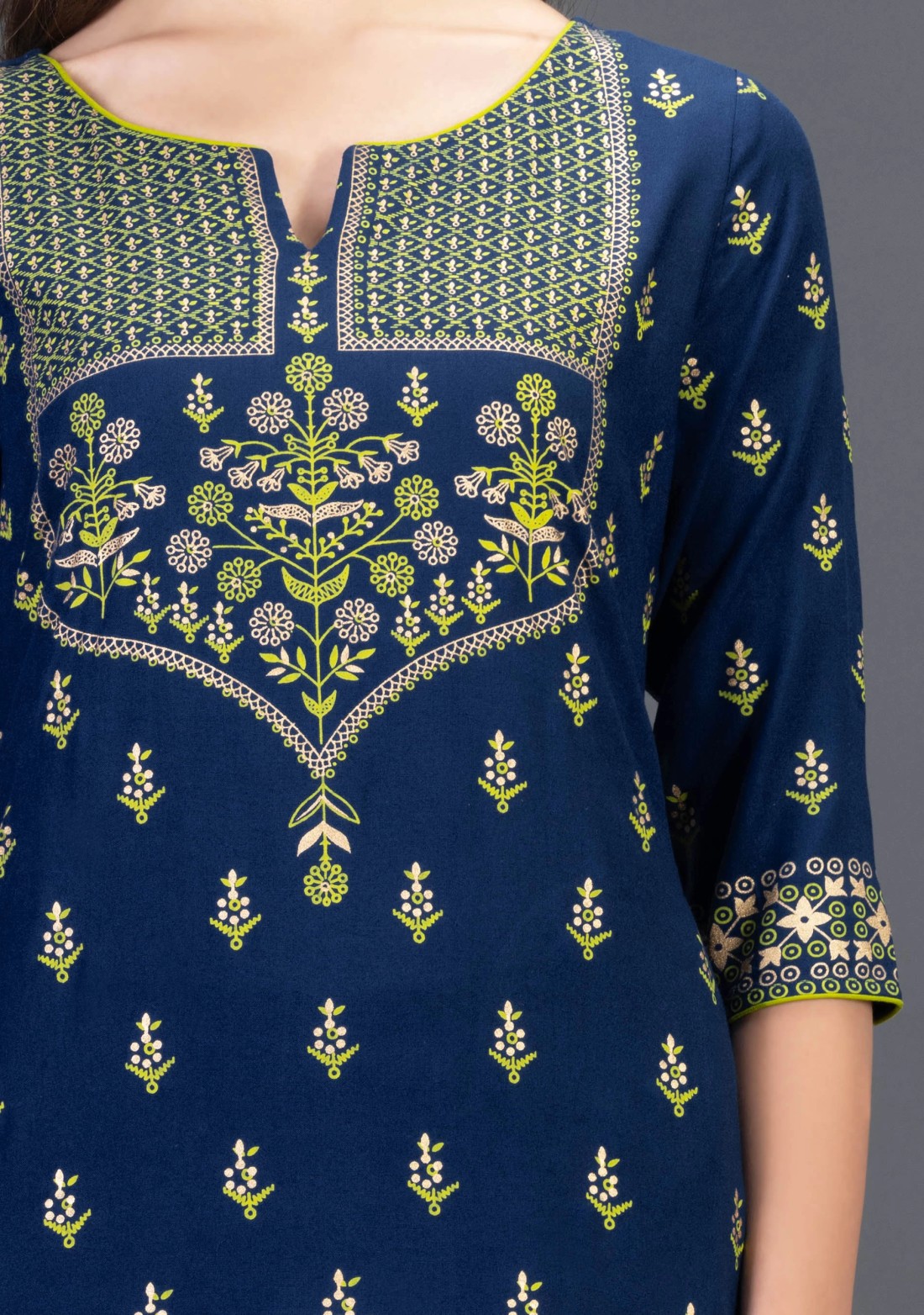 Navy Blue Gold & Khari Printed Viscose Rayon Straight Kurta