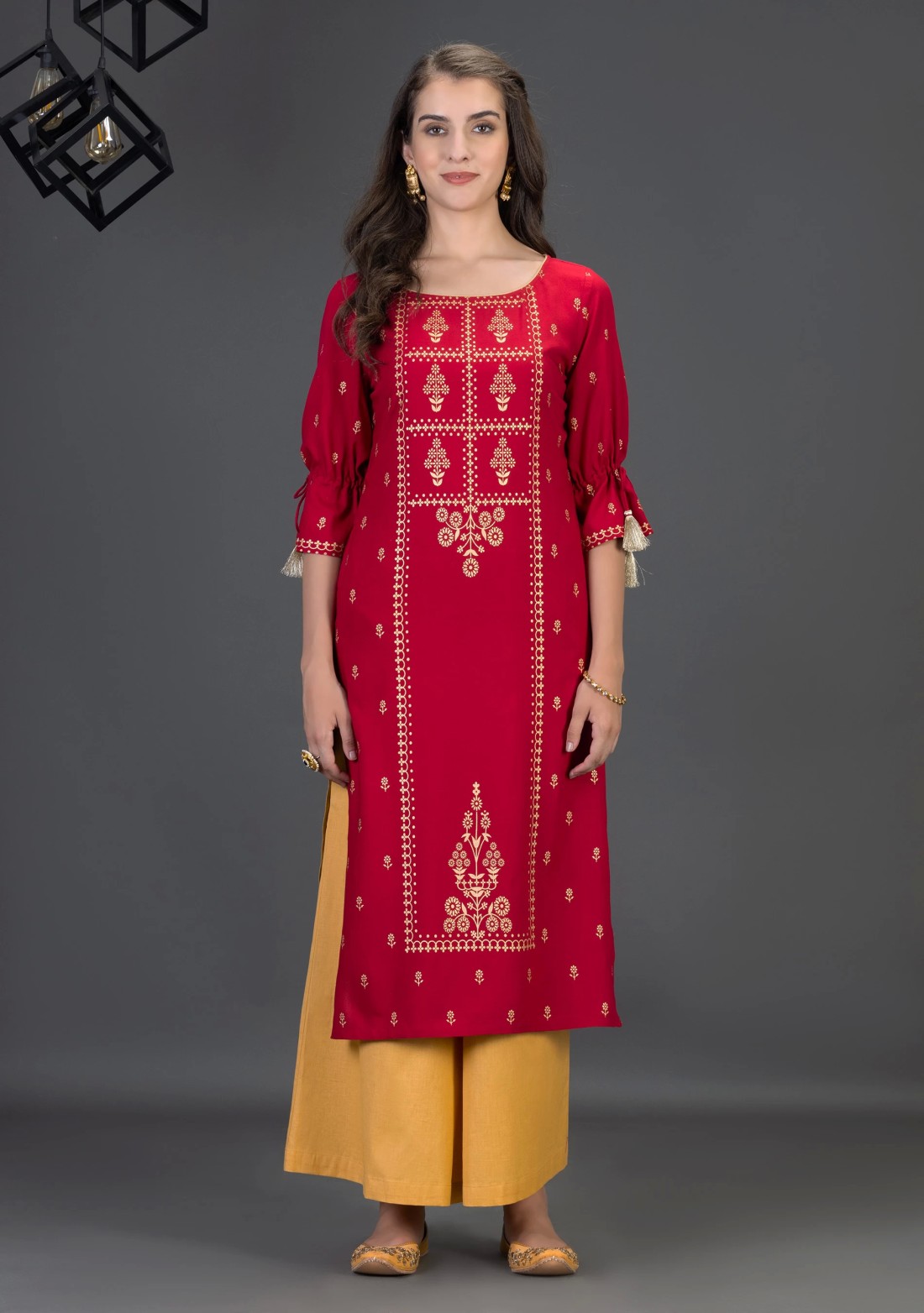 Maroon Viscose Rayon Straight Kurta with Gold Foil Placement Print