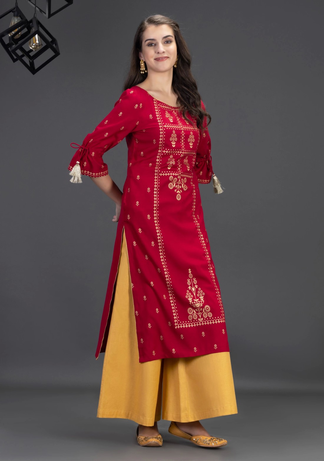 Maroon Viscose Rayon Straight Kurta with Gold Foil Placement Print