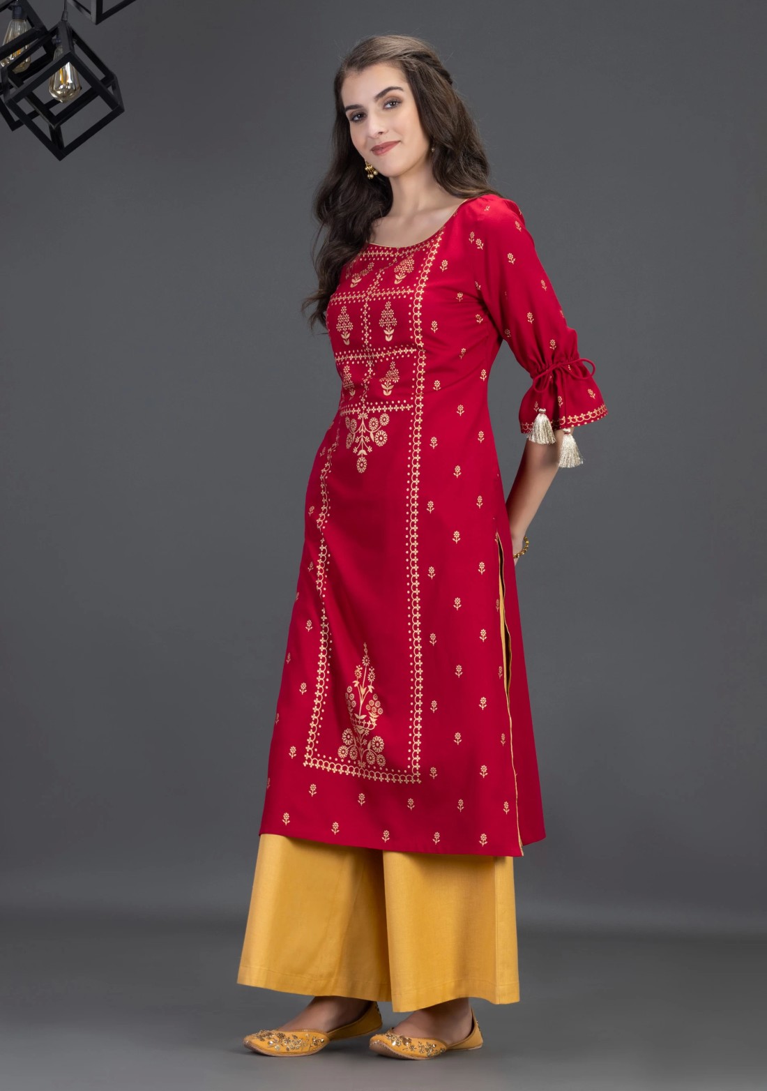 Maroon Viscose Rayon Straight Kurta with Gold Foil Placement Print