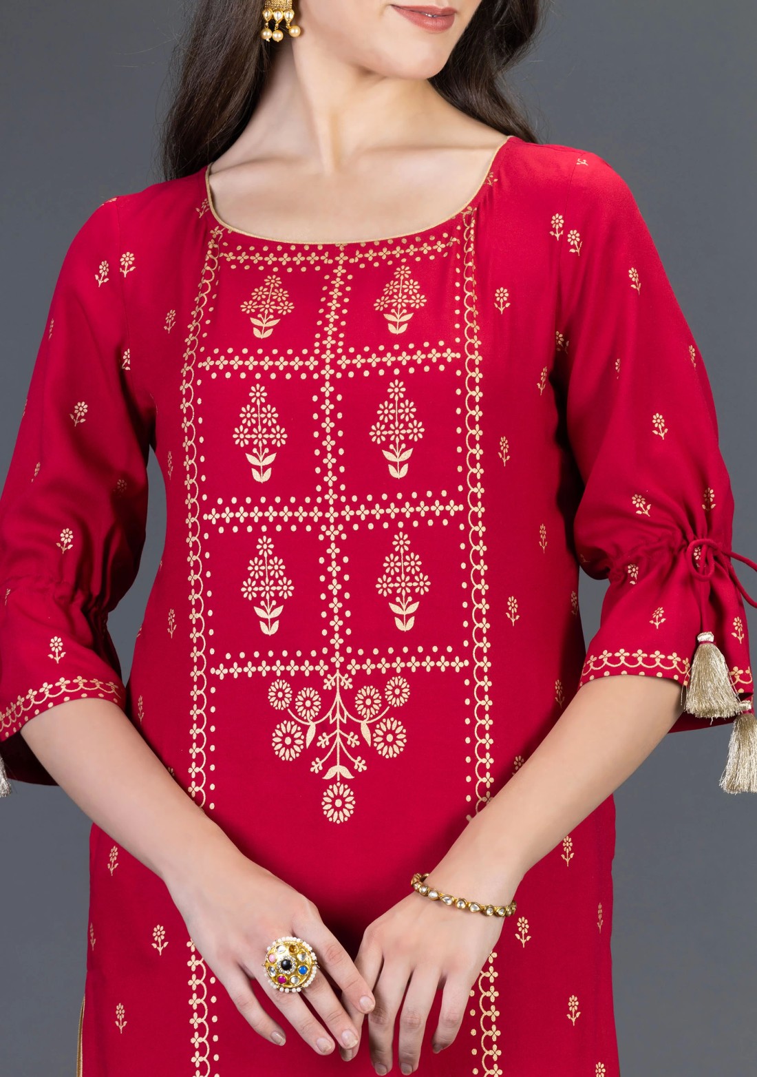 Maroon Viscose Rayon Straight Kurta with Gold Foil Placement Print