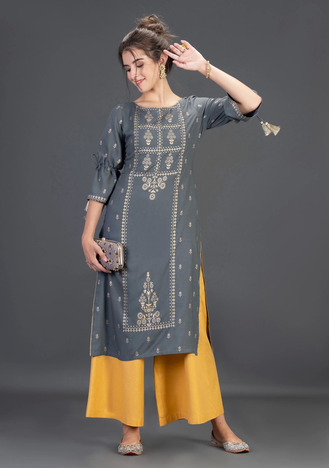 Grey Viscose Rayon Straight Kurta with Gold Foil Print