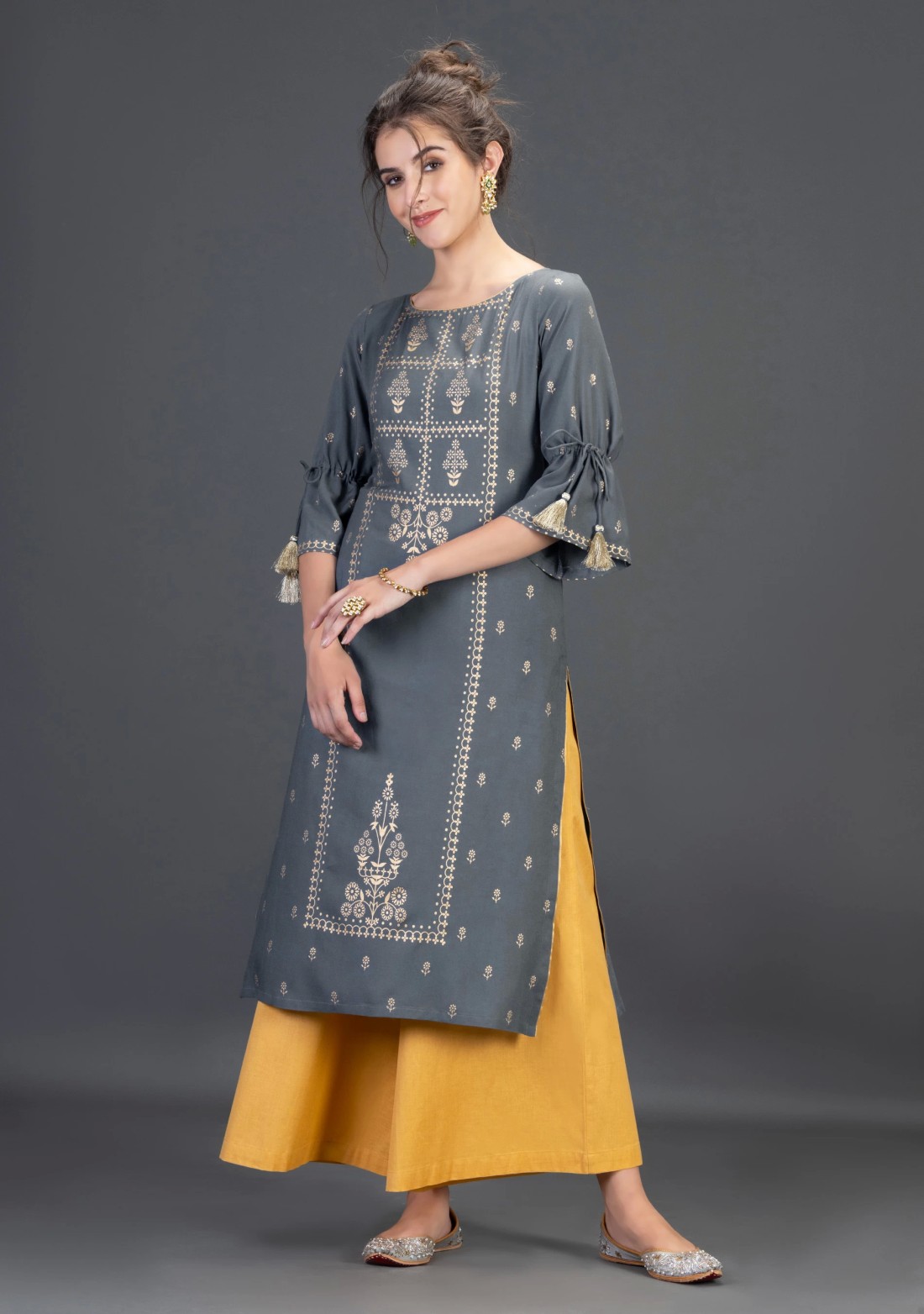 Grey Viscose Rayon Straight Kurta with Gold Foil Print